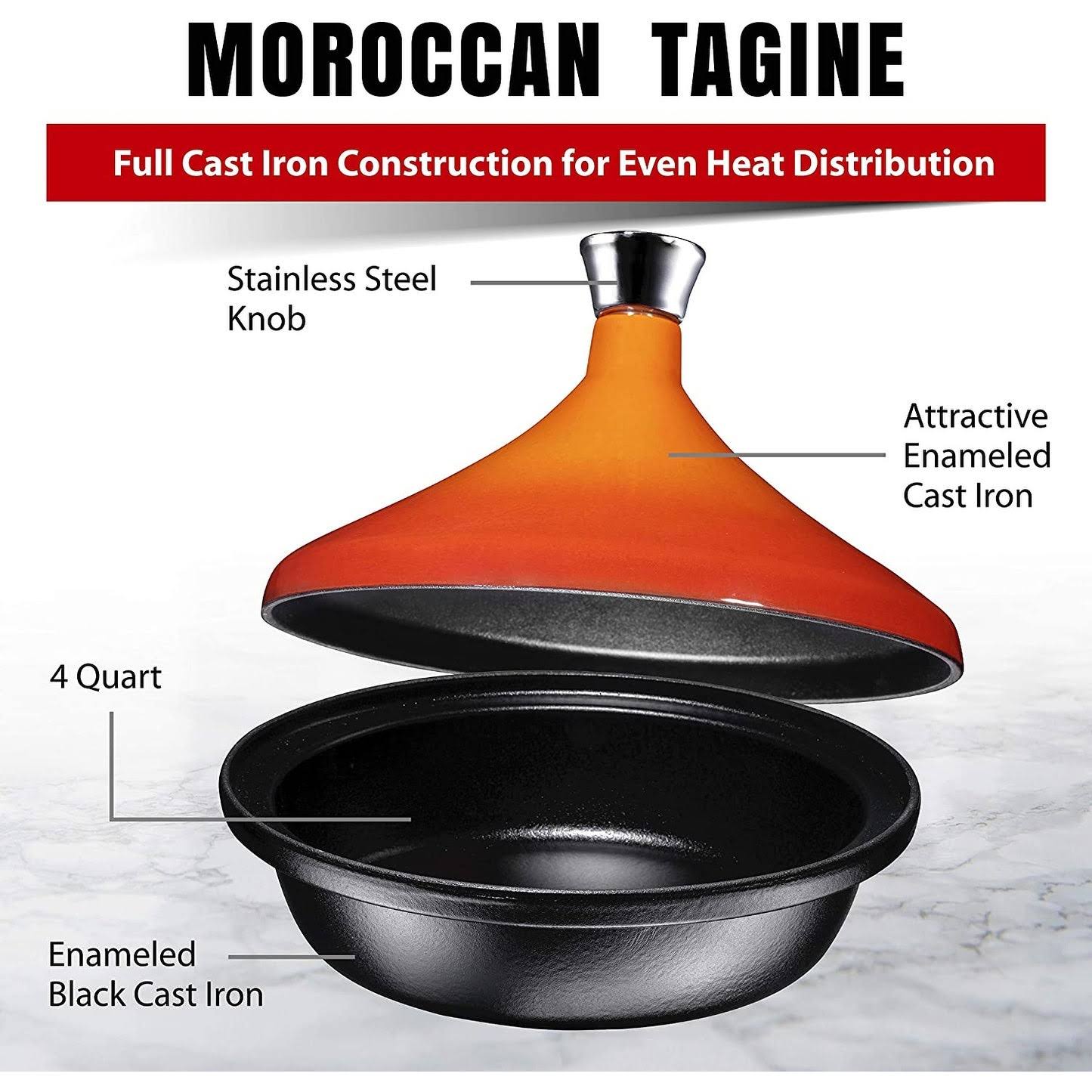 Cast Iron Moroccan Tagine Pot, Enameled Fire Red, 4 Quart, by Bruntmor