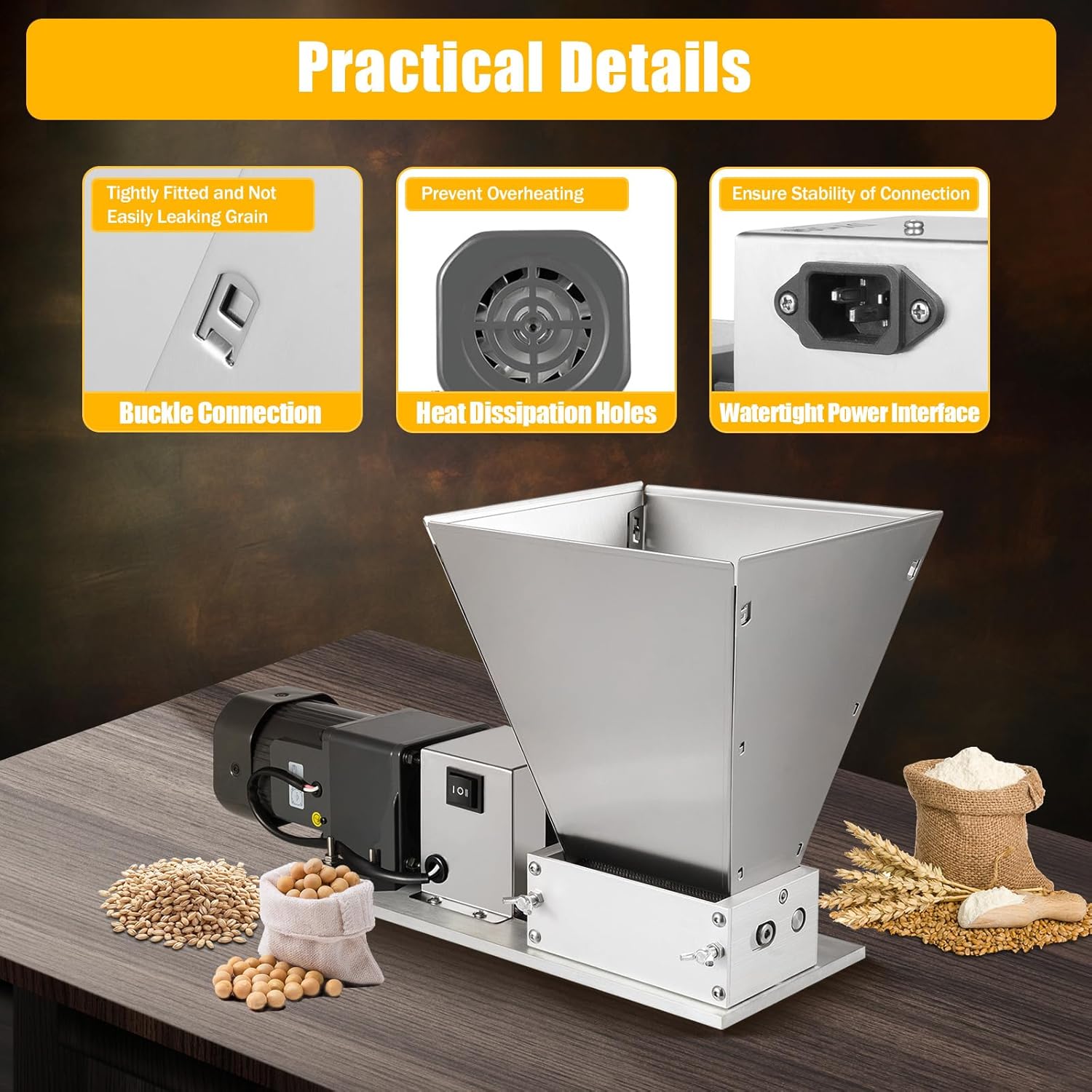Grain Mill Grinder 60W Electric Barley Grinder Malt Crusher Machine Food Grade Stainless Steel Home Brew Grain Corn Wheat Mill Milling Grinding Machine 2 Rollers with 11lbs 4pcs Hoppers 110V US Plug