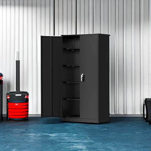Greenvelly Metal Garage Storage Cabinet with Lock, 72”Metal Storage Cabinet with 2 Doors and 4 Adjustable Shelves, Steel Tool Cabinet for Garage,Home Office, School,Gym (Black Grey)