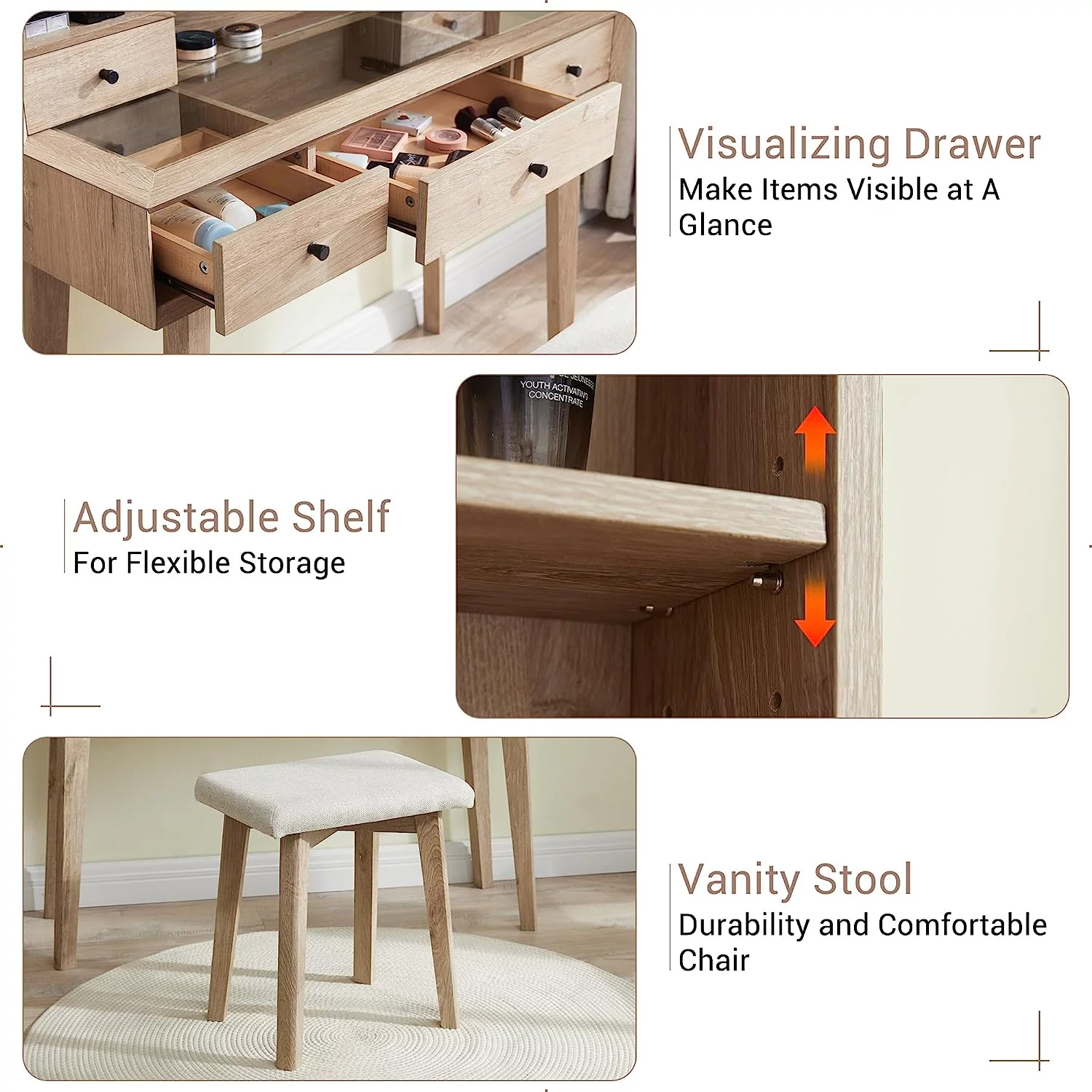OKD Vanity Set with LED Lighted Mirror and Cushioned Stool, Large Vanity Table Dressing Table Desk with Storage Shelves and 5 Drawers for Bedroom, Natural Oak
