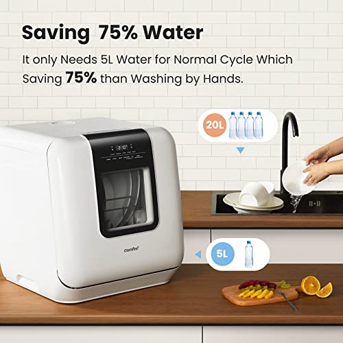 COMFEE' Portable Mini Dishwasher Countertop with 5L Built-in Water Tank for Apartments& RVs, No Hookup Needed, 6 Programs, 360° Dual Spray, 162℉ High-Temp& Air-Dry Function
