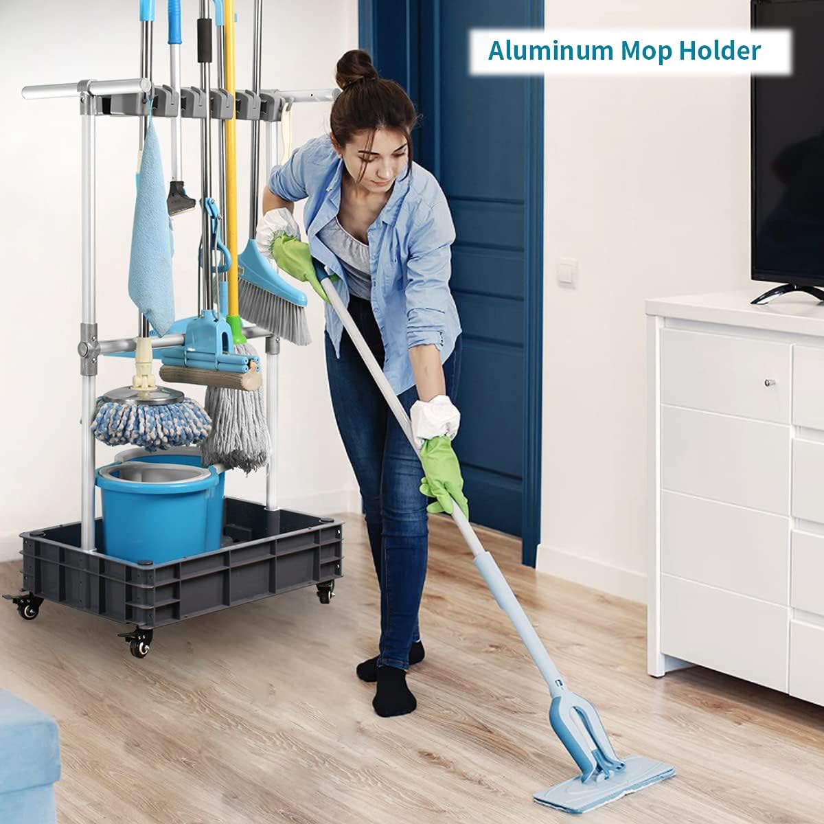 QTJH Broom And Mop Holder Put Wet Mops Movable Floor-Mounted Mop Rack Floor Standing Cleaning Tool Cart Storage For Garden Garage Schools, Hospitals, Factories, Hotels,Property Companies