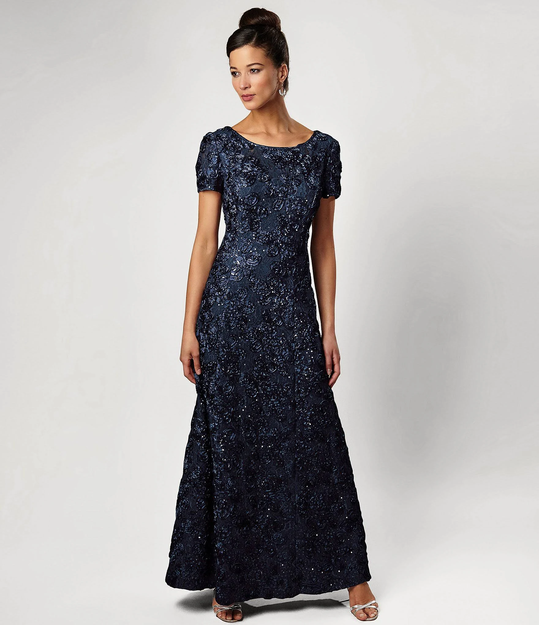 Alex Evenings Petite Sequined-Lace Rosette-Rose Gown - 14p