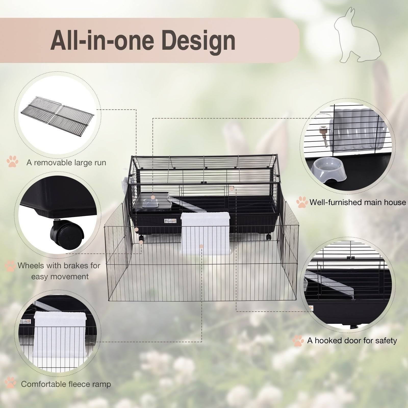 PawHut Rolling Metal Rabbit, Guinea Pig, or Small Animal Hutch Cage with Main House and Run, 47x22 L