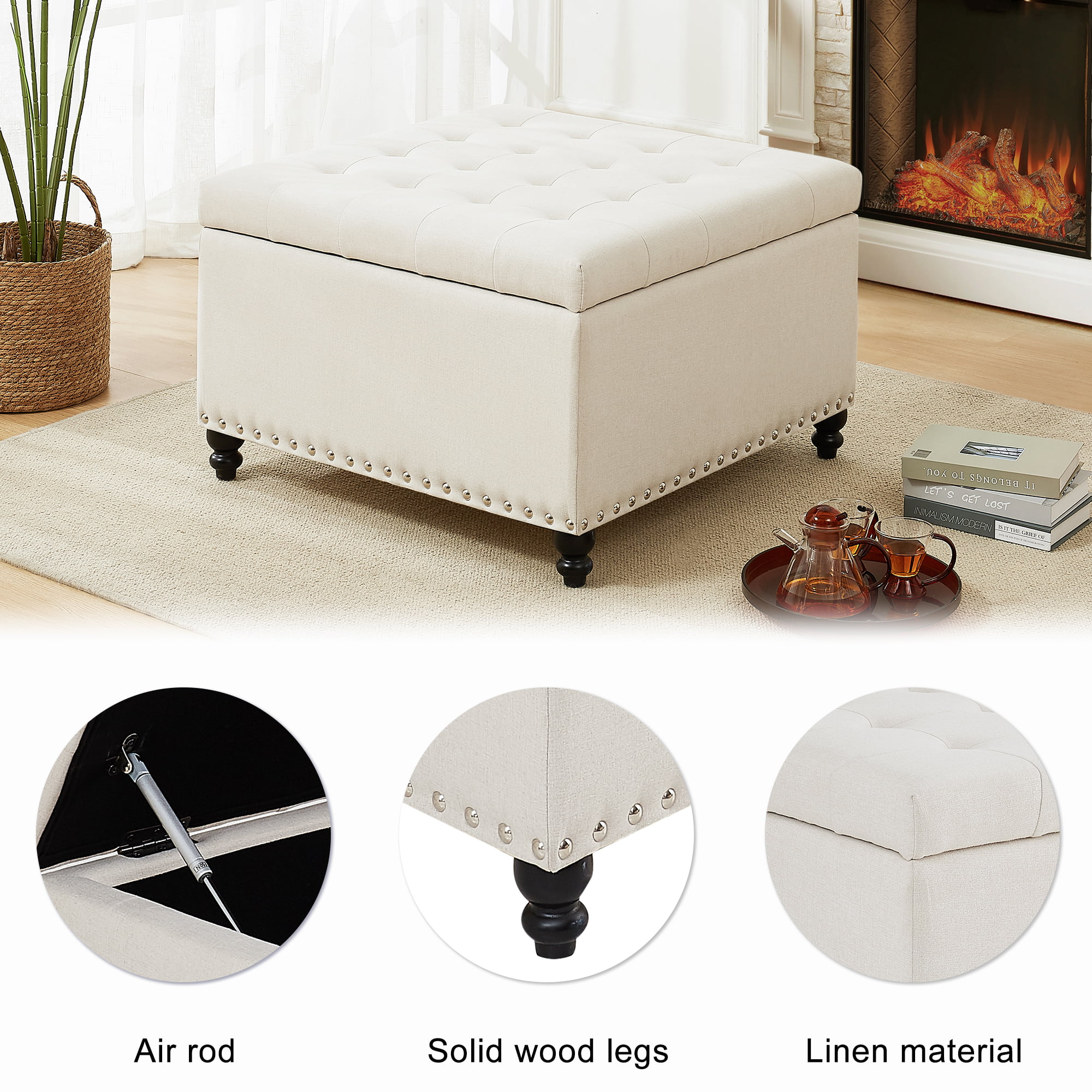 Square Storage Ottoman, 30-inch Large Ottoman Bench with Button-Tufted, Safety Hinge End Of Bed Storage Bench in Upholstered Fabrics for Bedroom, Living Room (Beige)