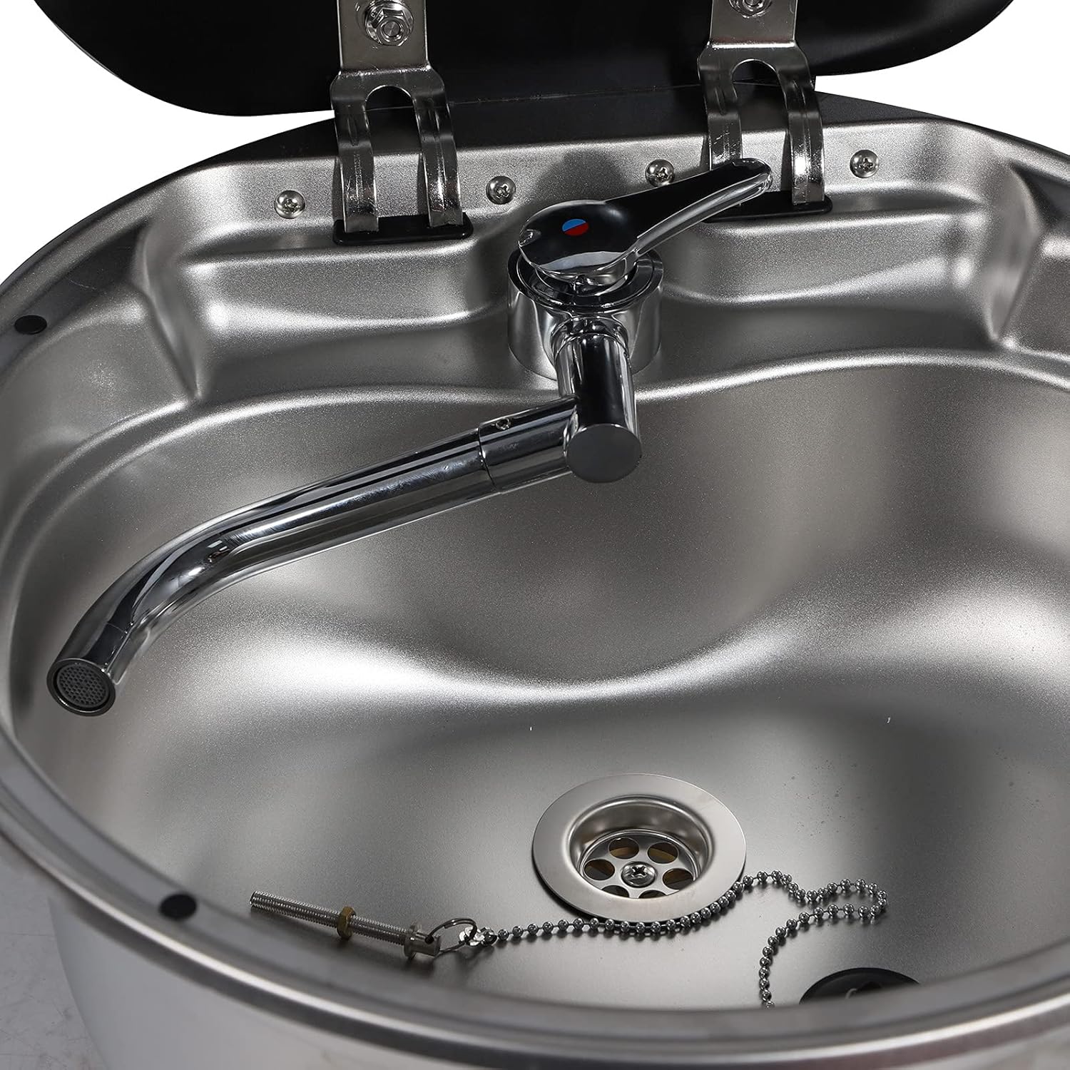 TBVECHI RV Caravan Basin Sink, Stainless Steel Single Bowl Camper Kitchen Basin Sink Hand Wash Basin with Cold Hot Faucet Space Saving Design Convenient Glass Lid Rubber Seals Easy to Install