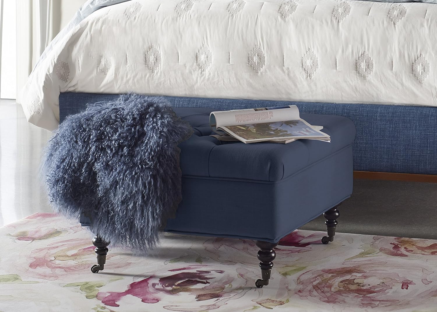 Serta Abbot Square Tufted Ottoman with Storage and Casters, Cobalt Blue