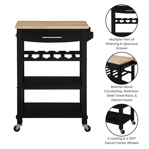 Convenience Concepts Ellaine 4 Tier Butcher Block Kitchen Cart with Drawer and Wine Rack