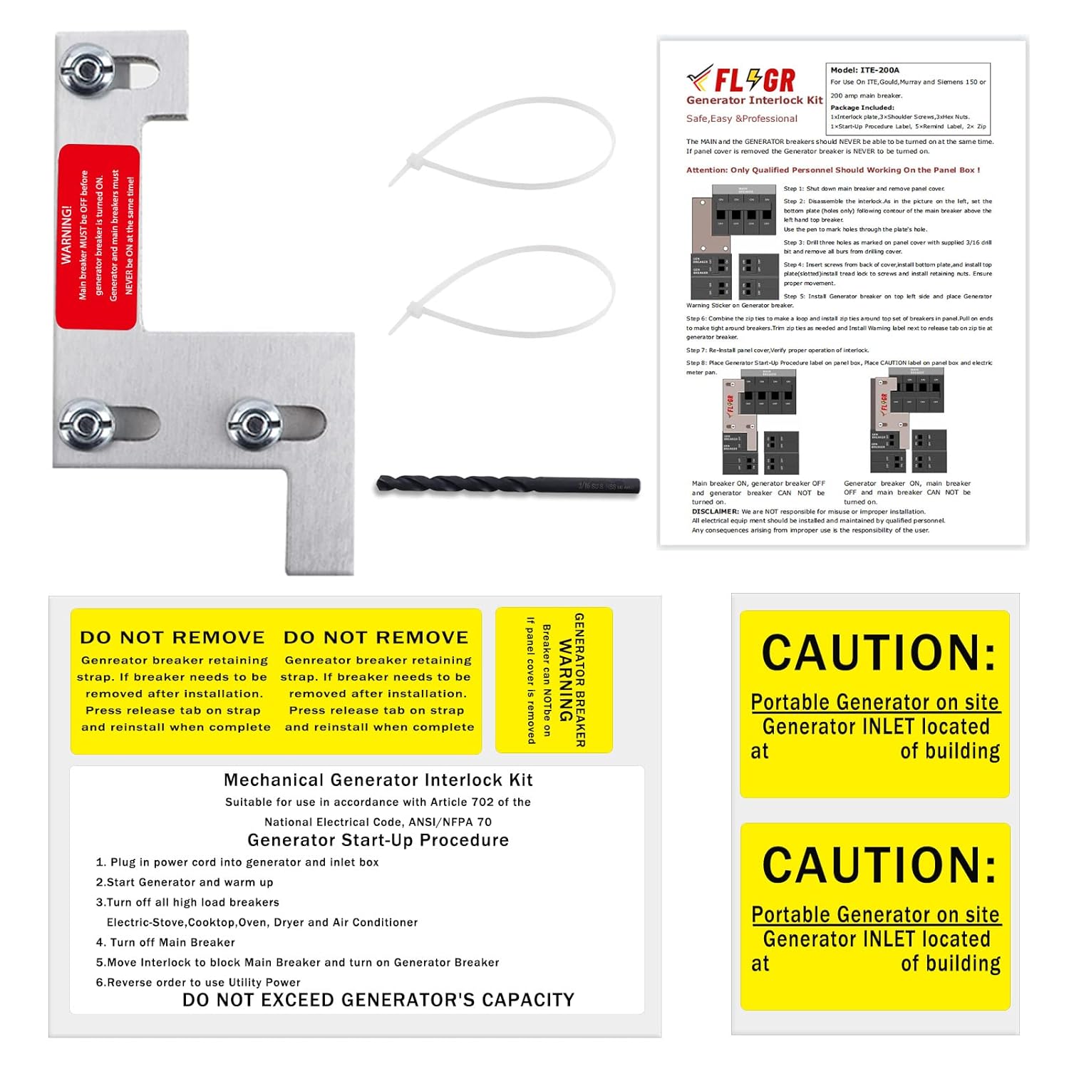 Generator Interlock Kit Compatible with ITE, Siemens, Gould and murray150 or 200Amp Panel, 1 1/4 Inch Spacing Between Main Circuit Breaker and Generator Circuit Breaker, Electrical Interlock Kit
