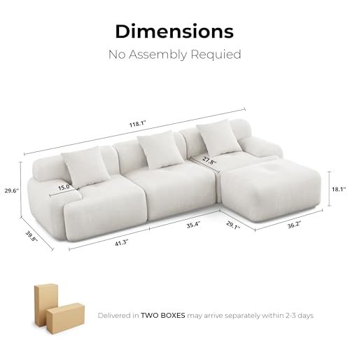 LIKIMIO 118" Modern L-Shaped Modular Sectional Sofa for Living Room, Corduroy Upholstery Green, Oversized 3-Seater Couch with Deep Seat and Movable Ottoman – No Assembly