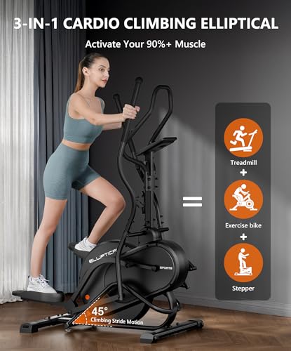 THERUN Elliptical Exercise Machine, 3-in-1 Cardio Climber Stepping Elliptical Machine for Home, Stair Stepper Elliptical Training Machines w/16 Levels Resistance, Pulse Sensor, LCD Monitor