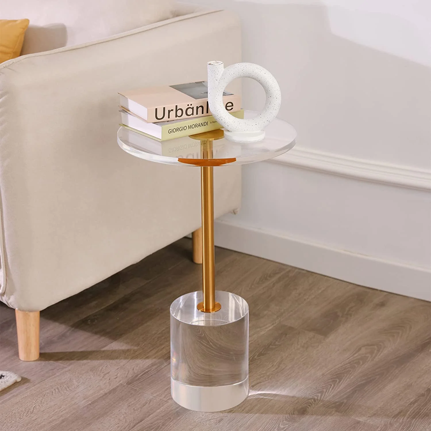 Superjoe Clear Acrylic Side Table, 13.8 x13.8 x 21.7 inches, Lucite Round Acrylic End Table with Gold Post, Accent Drink Martini Table for Living Room Bedroom Small Spaces, Easy Assembly