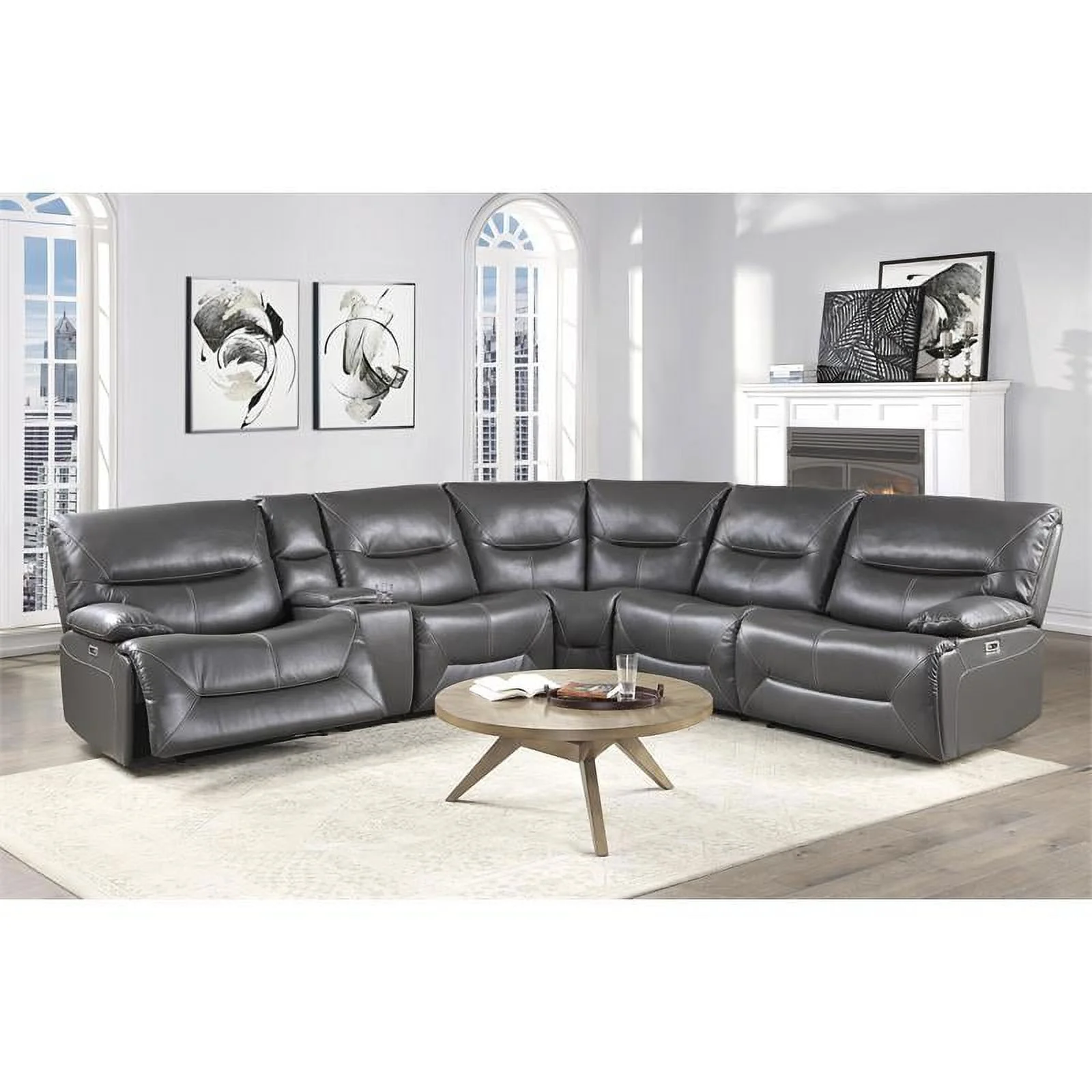 Pemberly Row Transitional 6 Piece Faux Leather Power Reclining Sectional in Gray