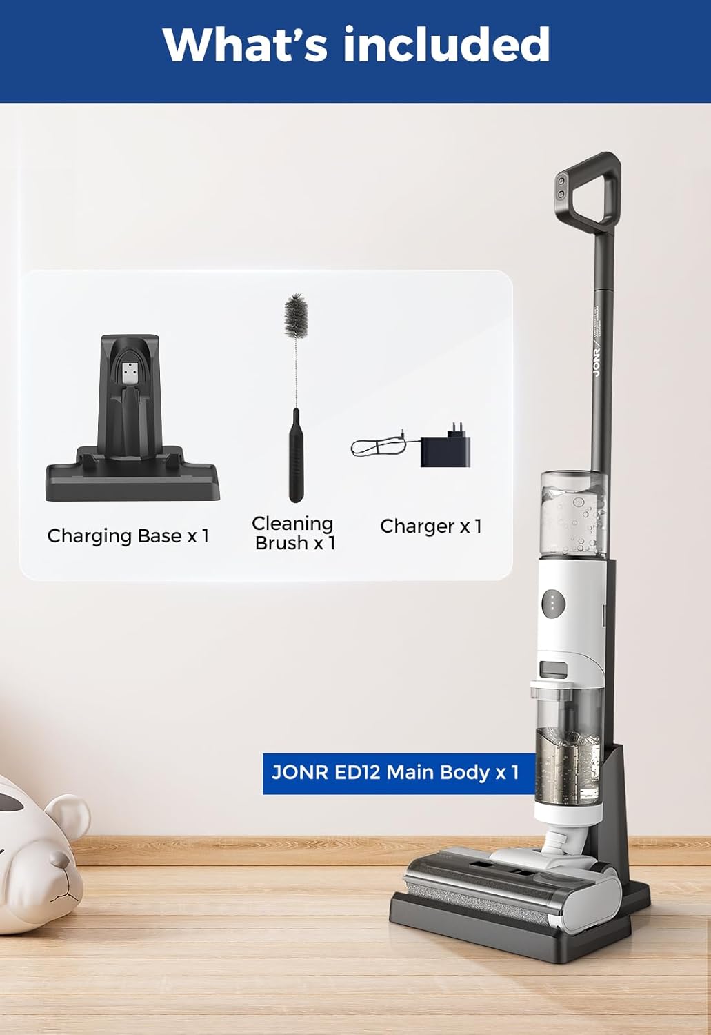 ED12 Cordless Wet Dry Vacuum Floor Cleaner and Mop Combo, Edge Cleaning, One-Step Cleaning, Electric Mop with Suction, 850ml Water Tank, 30 Minutes Running Time for Hard Floors, Pet Hair