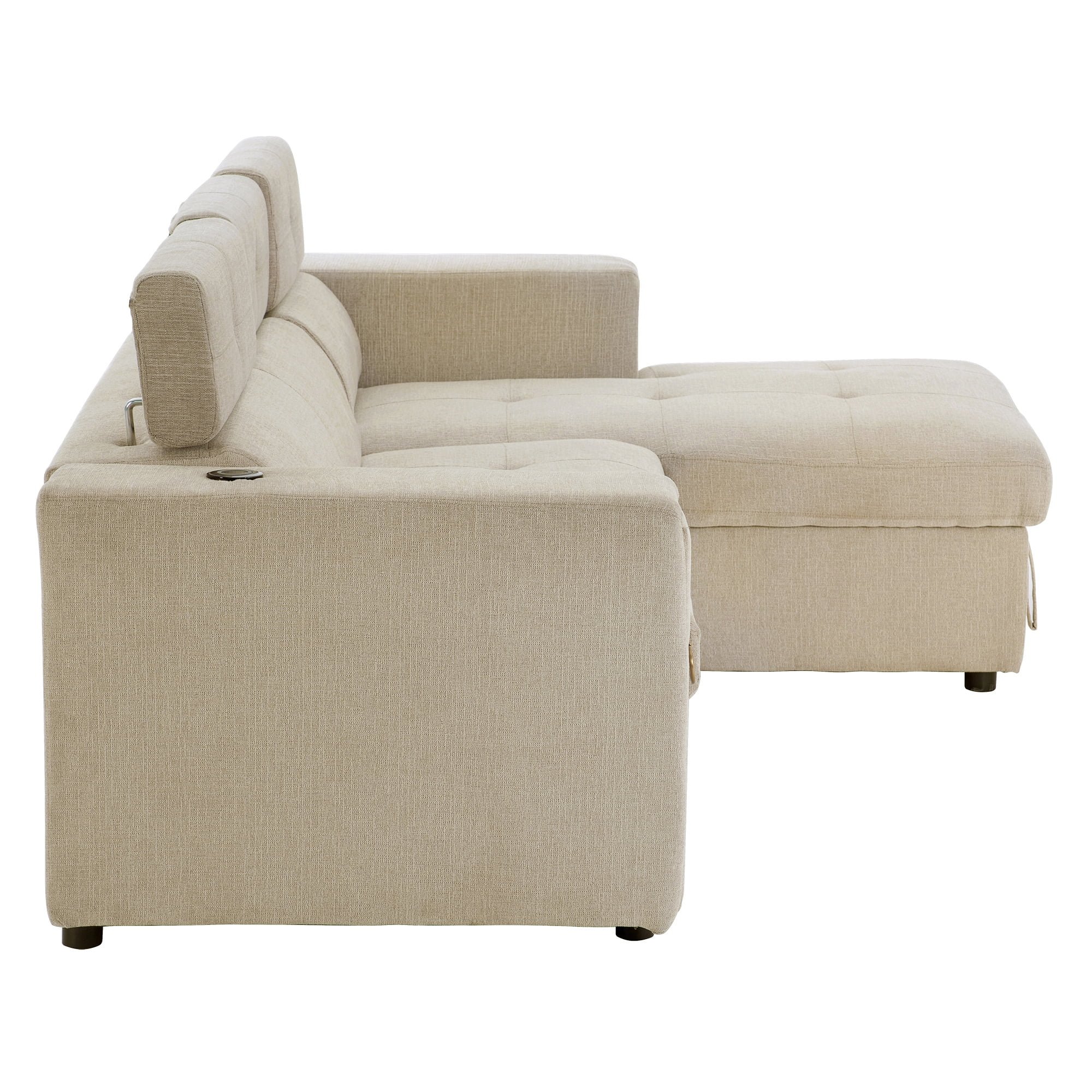 Soges 96" L-Shape Pull-Out Sofa Bed 3 Seat Sleeper Sofa with Adjustable Headrest, Wireless Charging, Cup Holders and Hidden Storage for Living Room, Bedroom, Office, Beige