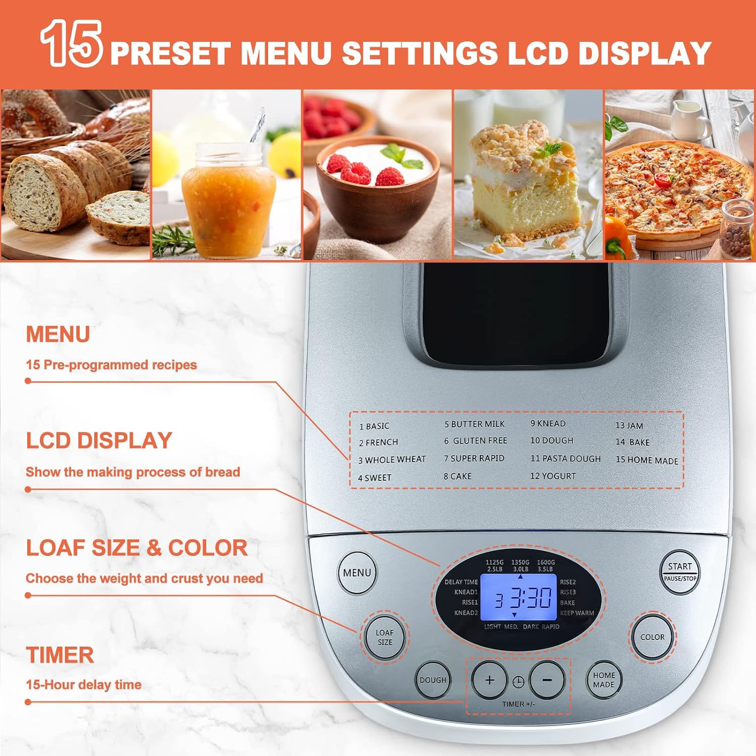 3.5LB Bread Maker Machine 15-in-1 Automatic Bread Machine with Dual Kneading Paddles Breadmaker with Touch Panel&LCD Display,Gluten Free Setting,3 Loaf Sizes 3 Crust Colors,White