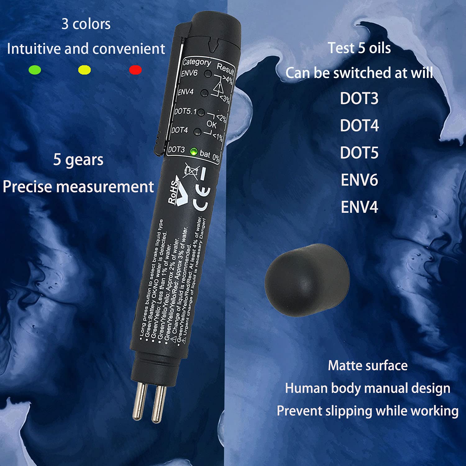 ZKTOOL New Upgraded Version Brake Fluid Tester Pen, Test DOT3 DOT4 DOT5.1 ENV6 ENV4 Brake fluids,Brake Fluid Moisture Analyzer with 5 LED Indicators,Brake Fluid Liquid Tester Pen