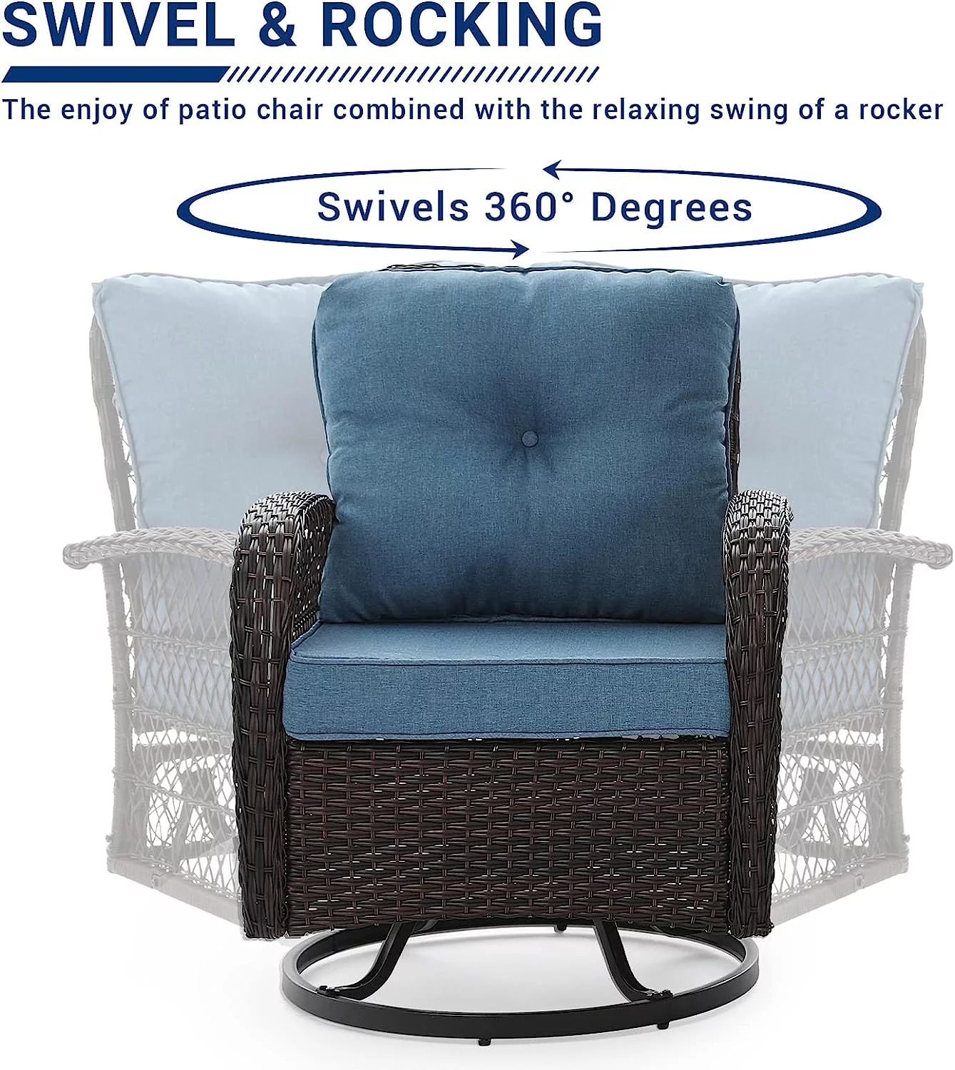UDPATIO 3 Pieces Patio Furniture Set, Outdoor Swivel Gliders Rocker, Wicker Patio Bistro Set with Rattan Rocking Chair, Glass Top Side Table and Thickened Cushions for Porch Deck Backyard (Navy)