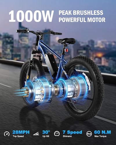Racer Plus Adult Electric Bicycle, Peak 1000W Motor Electric Bike for Adults, Up to 28MPH 65Miles, 26x4.0 Fat Tire Electric Mountain Bike with 48V 13AH Battery, 7 Speed Front Suspension E Bike