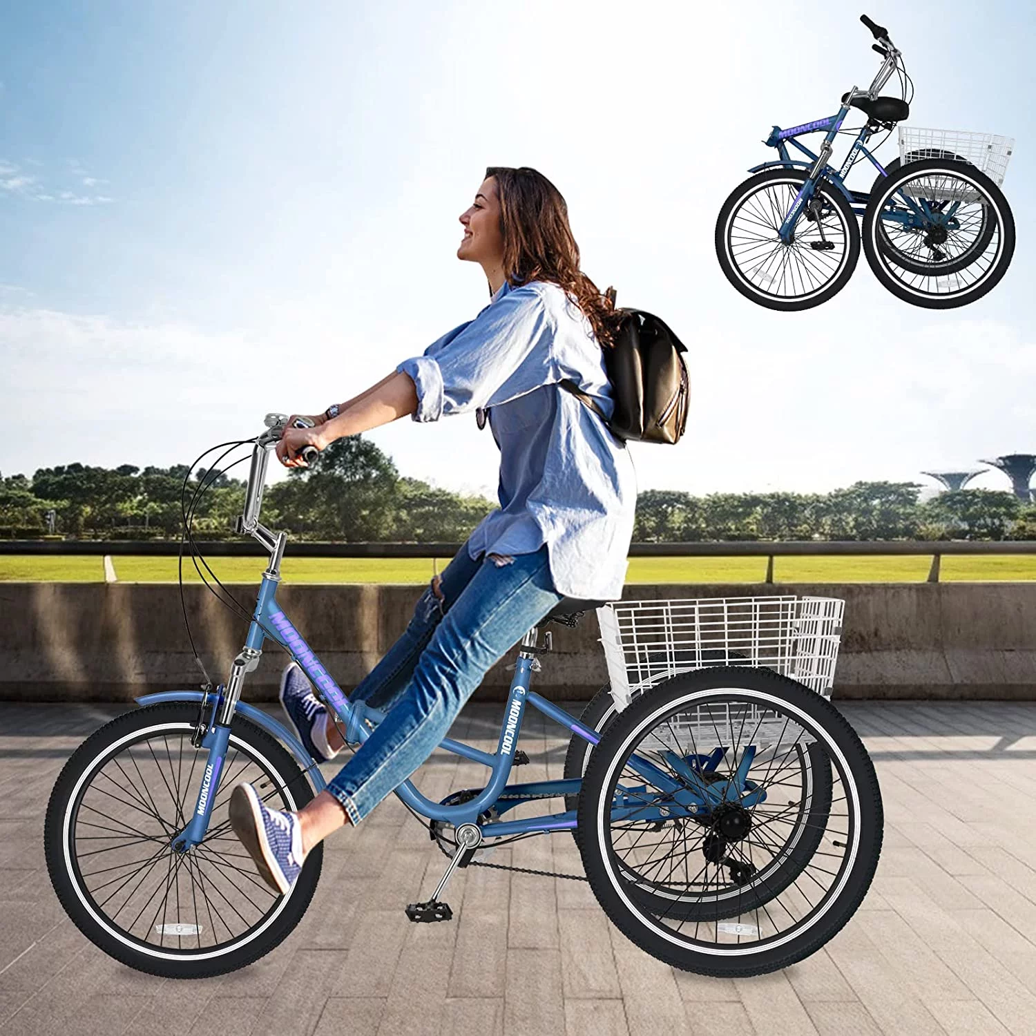 Slsy Adult Folding Tricycle for Adults, 7 Speed 20/24/26 inch 3 Wheels Bikes with Basket, Foldable Tricycle for Adults, Women, Men, Seniors