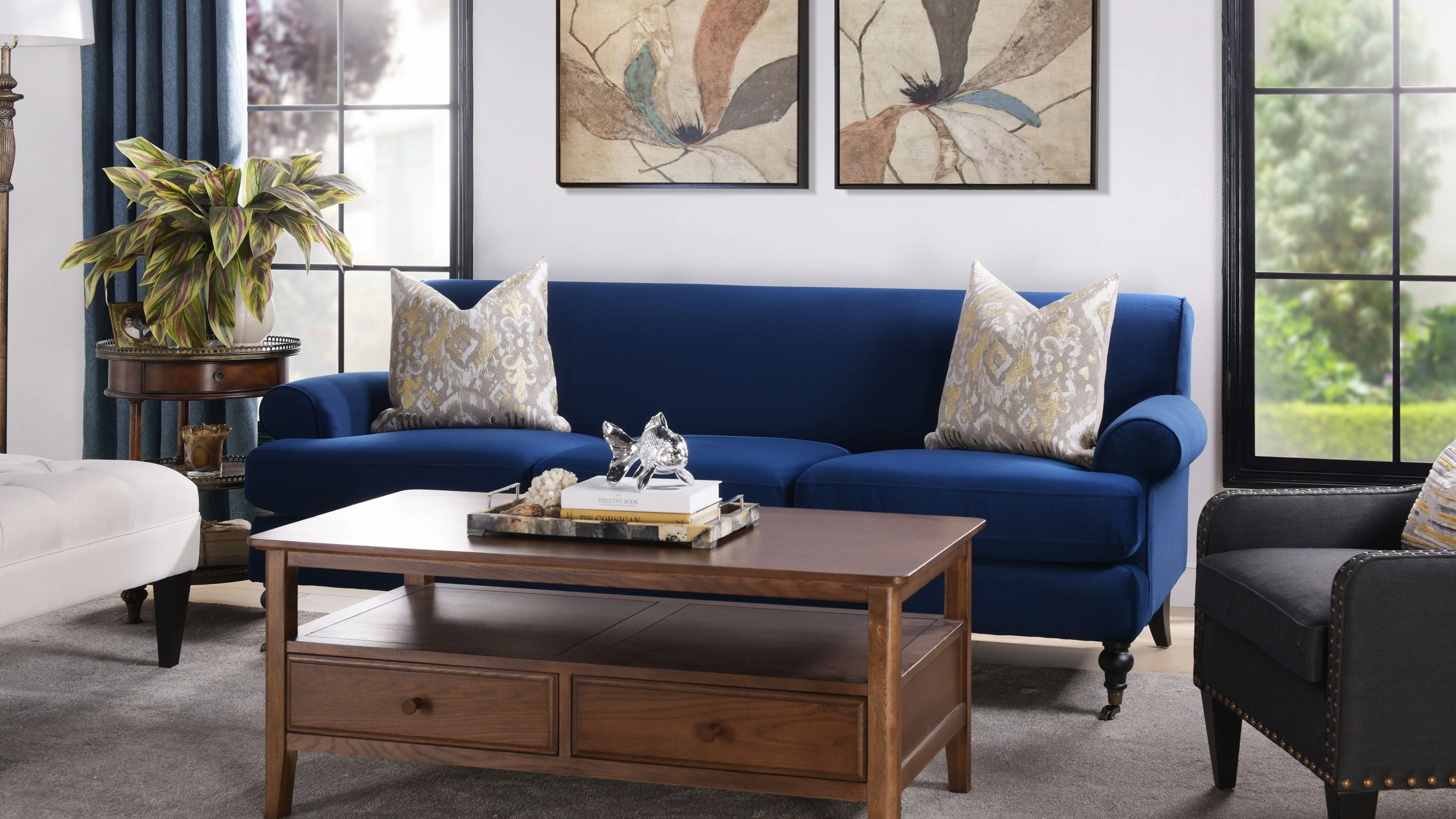 Jennifer Taylor Home Alana Lawson Recessed Arm Sofa Metal Casters, Navy Blue