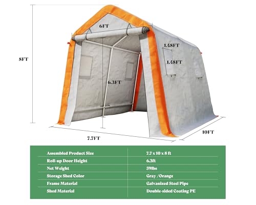 AMERLIFE 10.5x12x8 FT Heavy Duty Portable Shed Storage Shelter, Outdoor Storage Shed with 4 Waterproof Windows & Roll-up Zipper Door, Carport for Motorcycle, Bike, Grey
