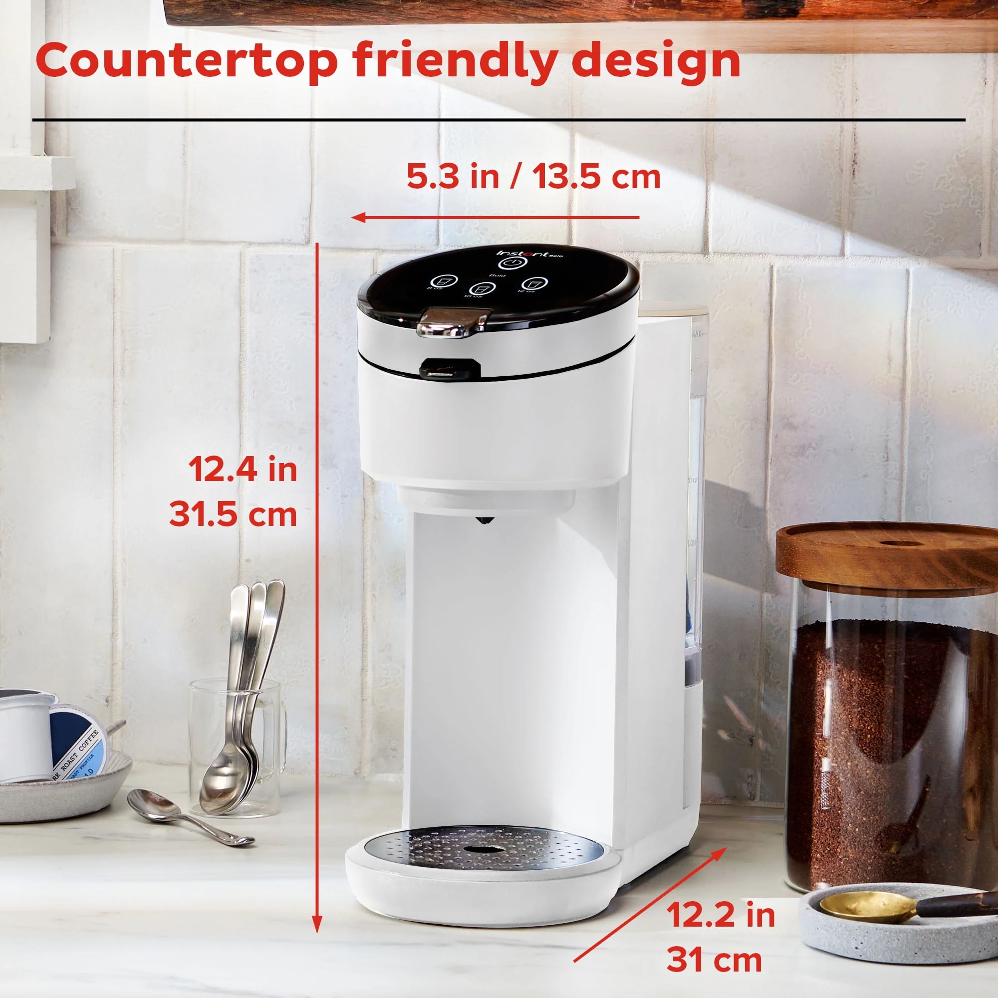 Instant Solo 2-in-1 Single Serve Coffee Maker for Ground Coffee or K-Cup Pods with 3 Brew Sizes, Maroon Red