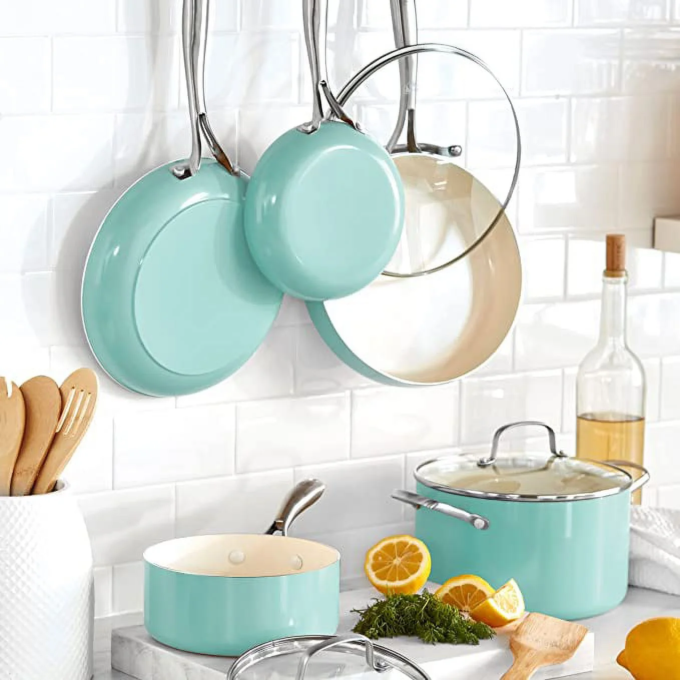 GreenLife Artisan Healthy Cooking Non-Stick Ceramic Dishwasher and Oven Safe 12-Piece Pots and Pans Cookware Set, Turquoise