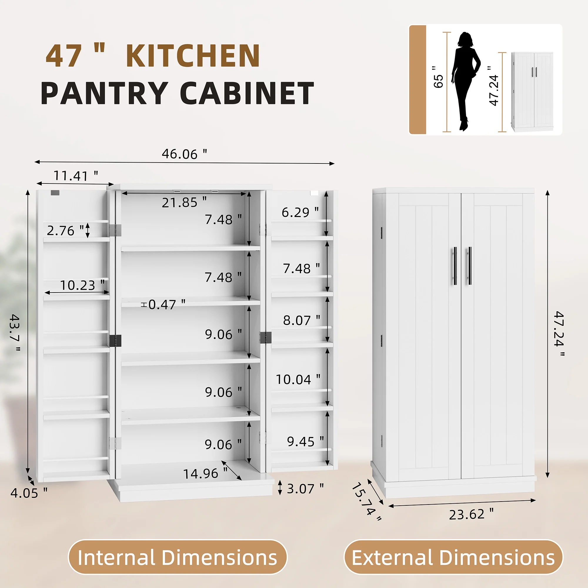 Walsunny 47" Kitchen Pantry Farmhouse Storage Cabinet with Adjustable Shelves, Racks and Doors Freestanding Kitchen Hutch Cupboard White - Curated Treasures Market