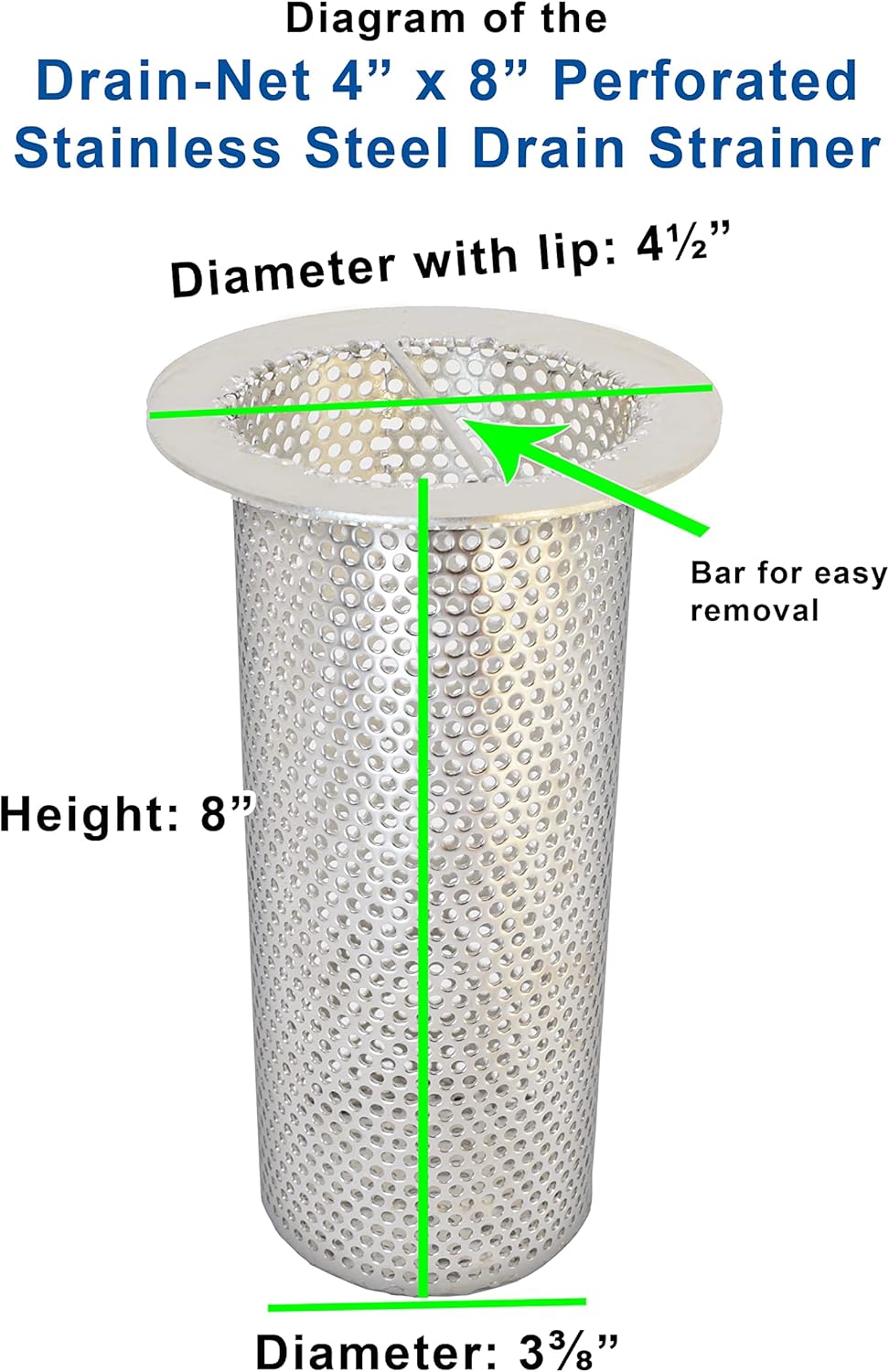4" Commercial Floor Drain Strainer, 8" Tall, Perforated Stainless Steel