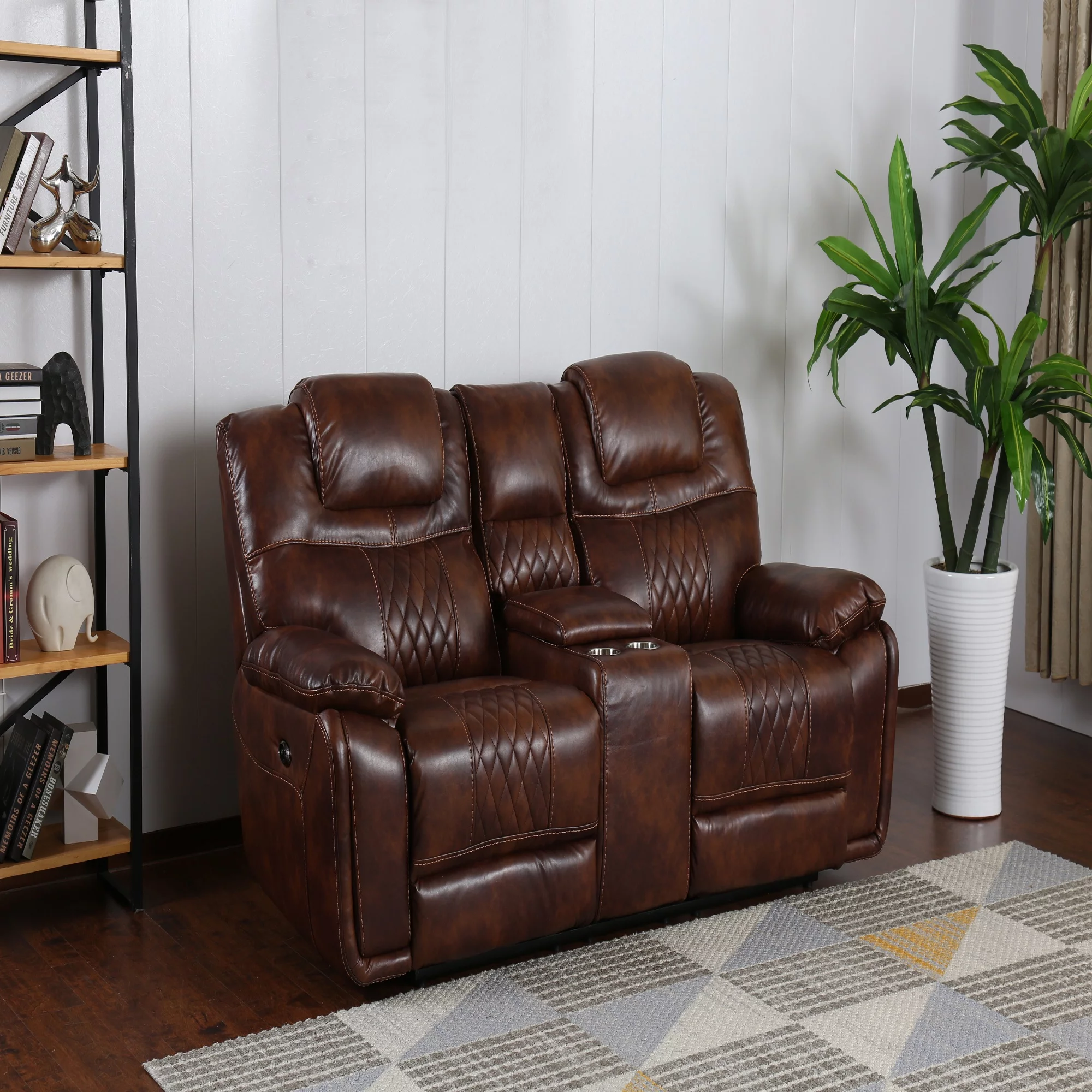 The Hamptons Collection 41” Rich Brown Power Dual Reclining Loveseat and Center Console in Leather