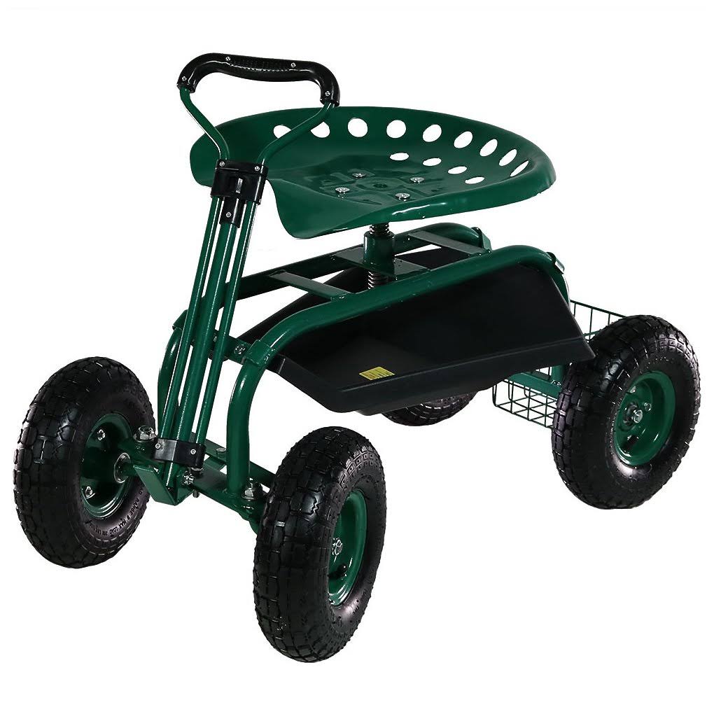 Sunnydaze Green Rolling Garden Cart with Extendable Steering Handle, Swivel Seat u0026 Basket