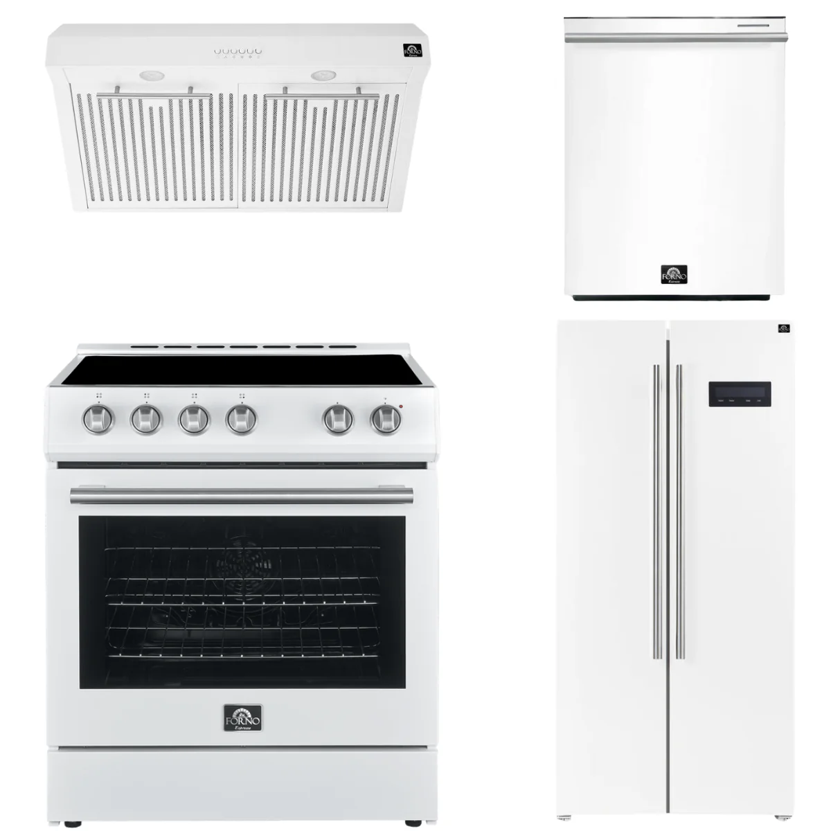 Forno Espresso Package - 30 Electric Range, Range Hood, Refrigerator and Dishwasher in White with Silver Handles, AP-FFSEL6012-30WHT-S-A8-D