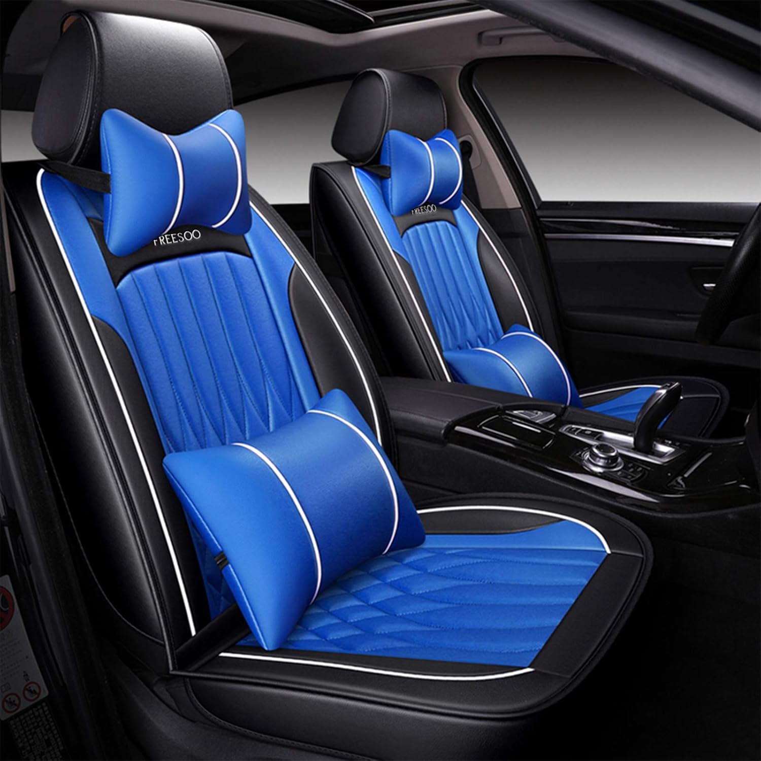 FREESOO Car Seat Cover Leather, Car Seat Covers Full Set Front Rear Automotive Waterproof Universal for 5 Seats Vehicle Year Round Use (Black White 2)