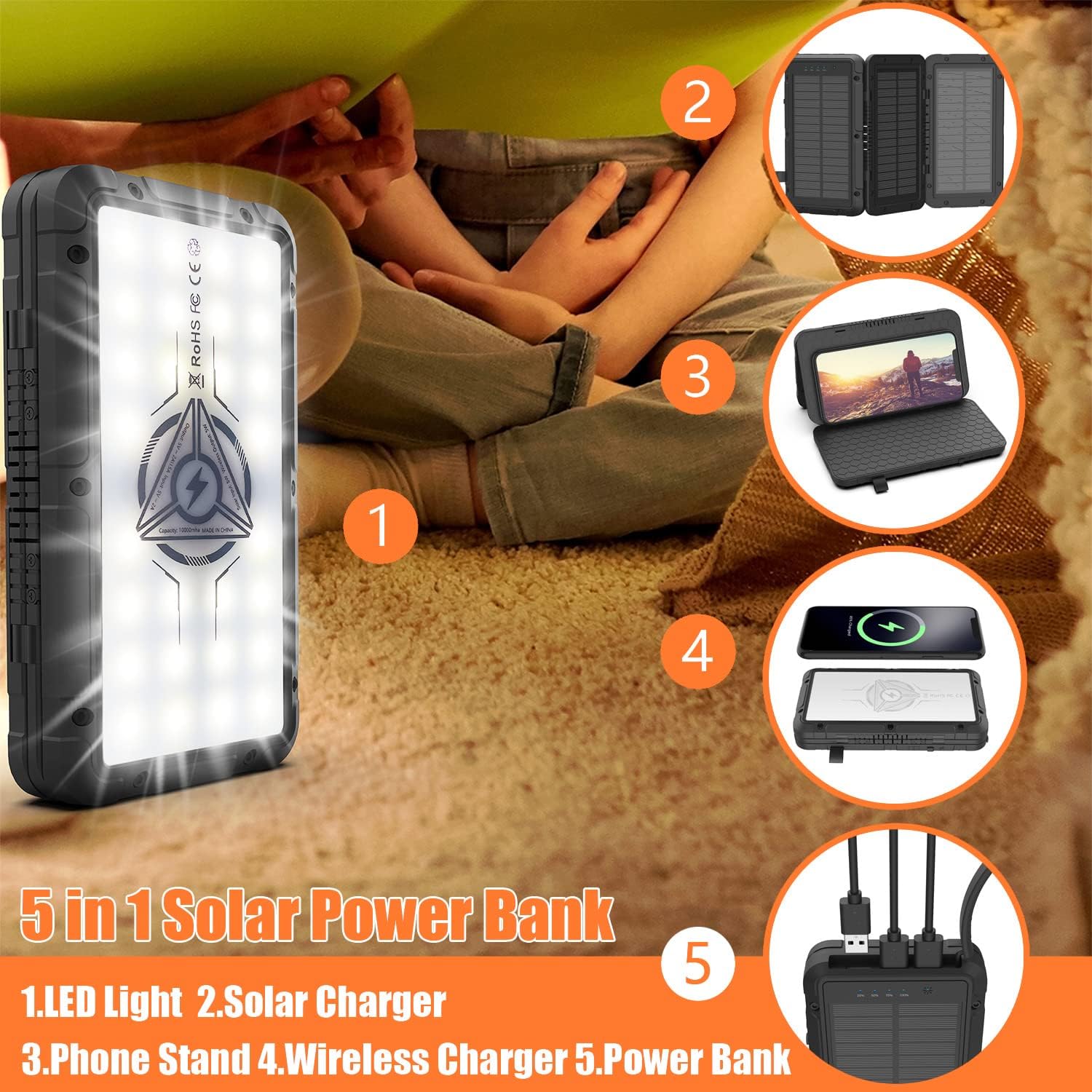 Solar Charger-Power Bank-Portable Charger,Xsaberal 5 in 1 Solar Charger Power Bank 10000mAh with 3 Foldable Solar Panels Outdoor,Wireless Portable Charger Camping Light 3 Outputs