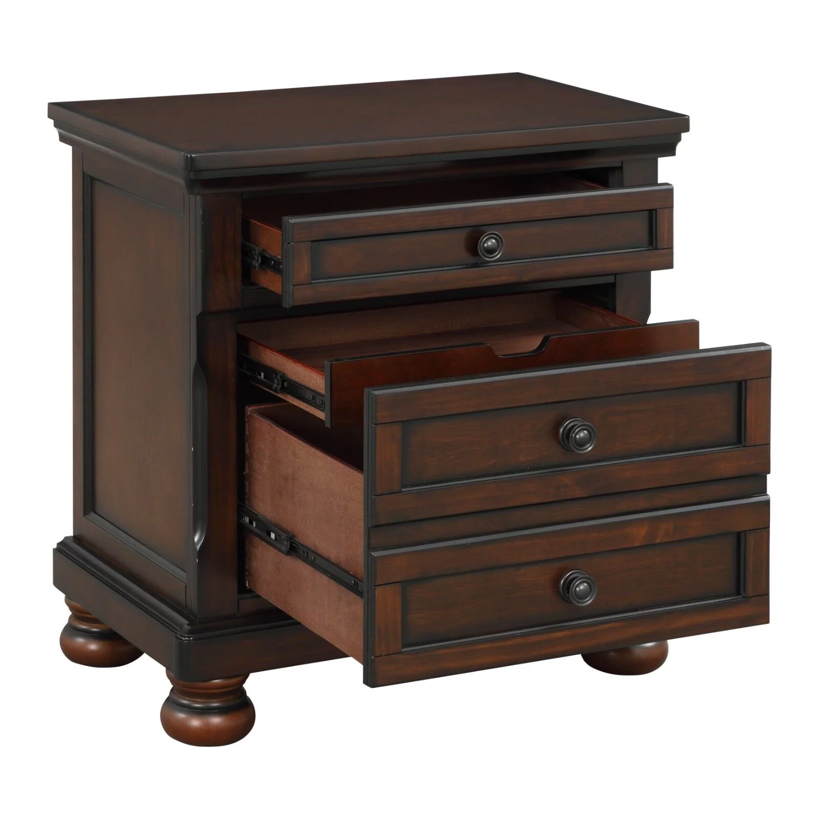 Brown Cherry Finish 3pc Bedroom Set Platform King Bed Storage Nightstands Traditional Style Wooden Furniture