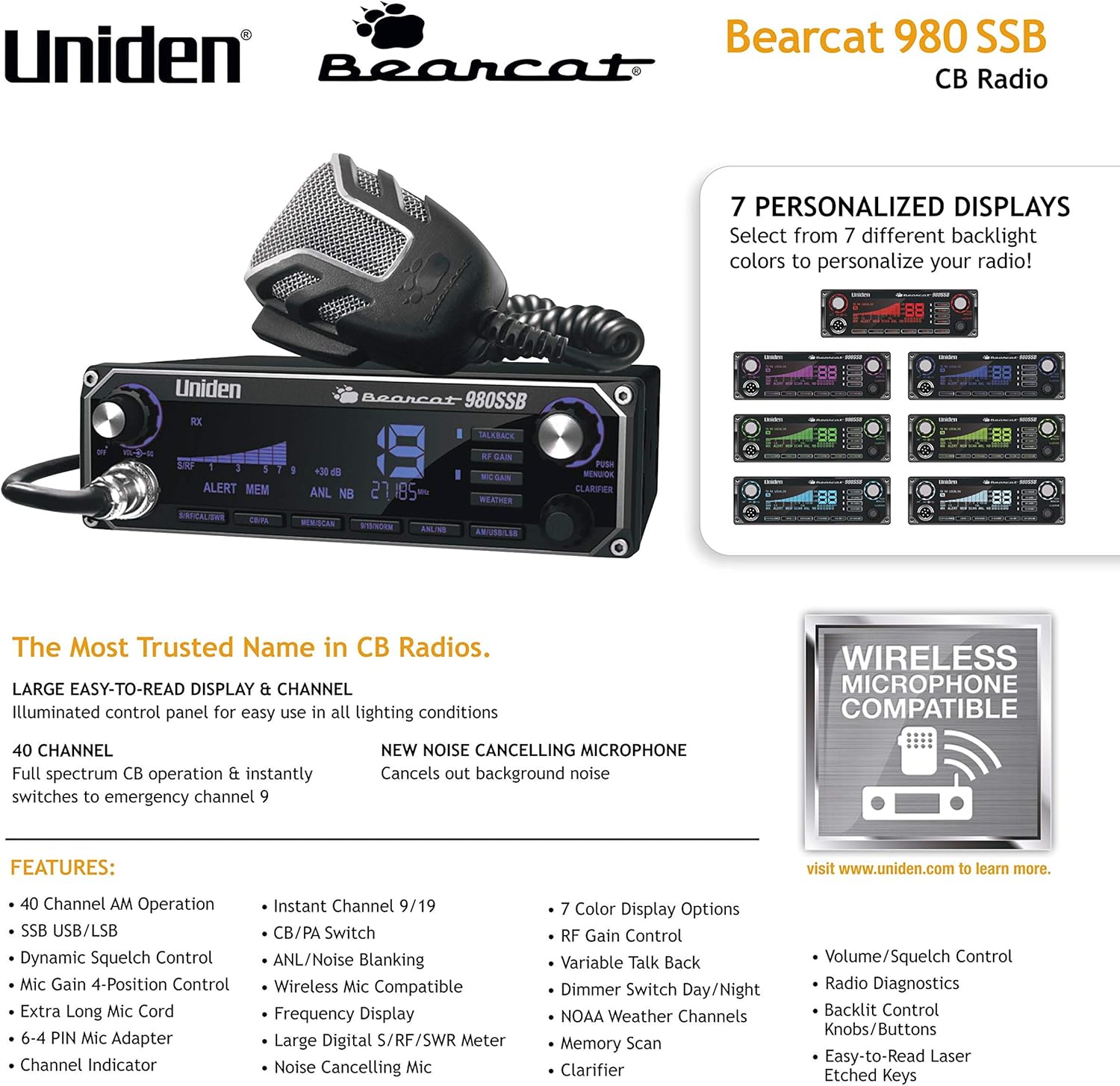 Uniden BEARCAT 980 40- Channel SSB CB Radio with Sideband NOAA WeatherBand,7- Color Digital Display PA/CB Switch and Noise Cancelling Mic, Wireless Mic Compatible