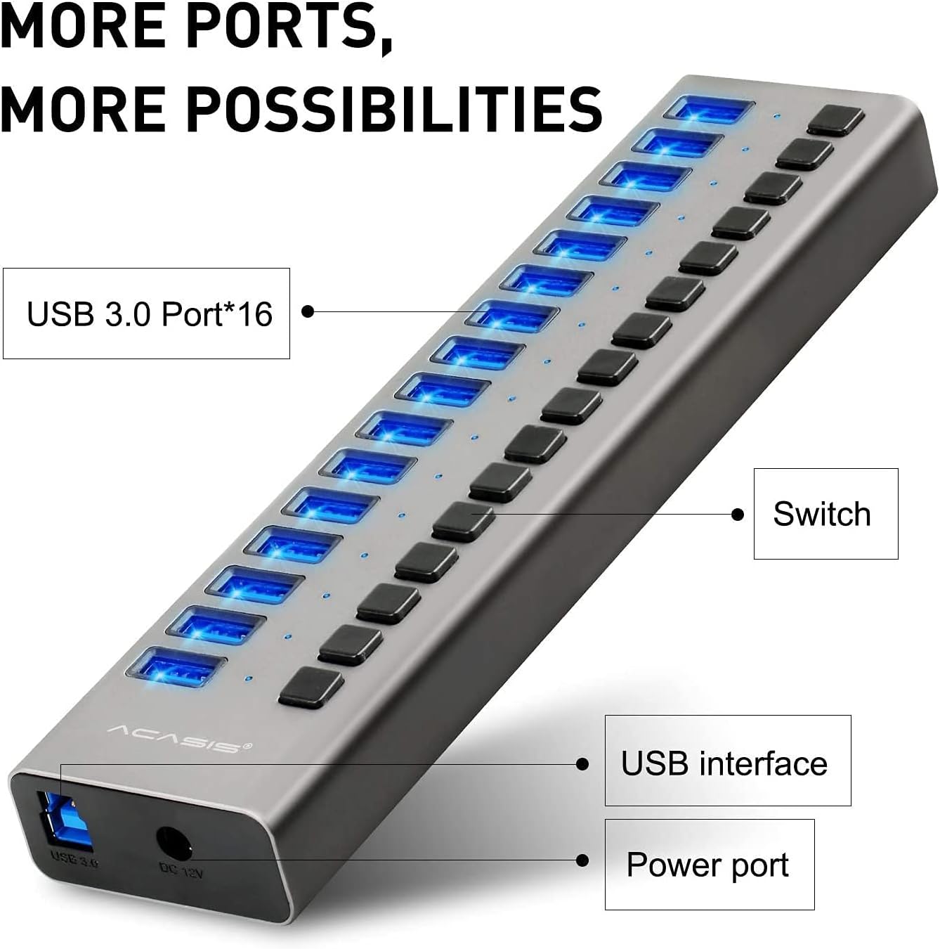 Powered USB Hub - ACASIS 10 Ports 48W USB 3.0 Data Hub - with Individual On/Off Switches and 12V/4A Power Adapter USB Hub 3.0 Splitter for Laptop, PC, Computer, Mobile HDD, Flash Drive and More