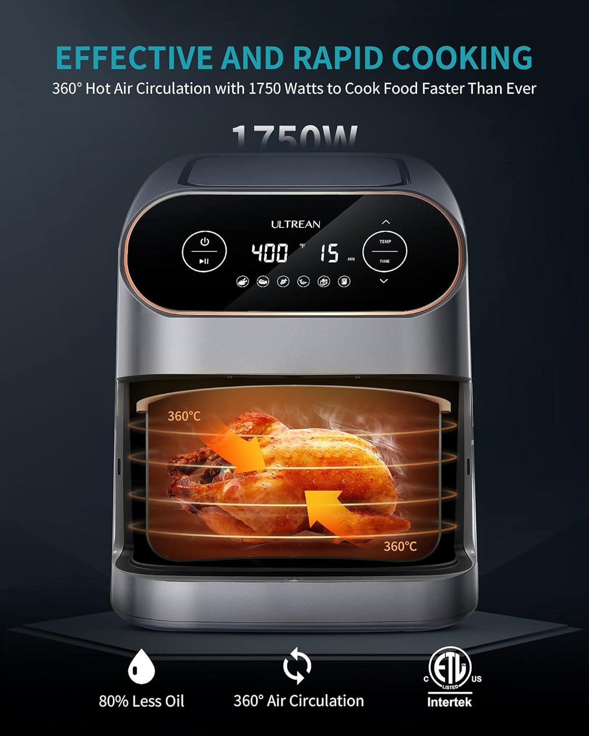 Ultrean Air Fryer, 9 Quart 6-in-1 Electric Hot XL Air Fryer Oven Oilless Cooker, Large Family Size LCD Touch Control Panel and Nonstick Basket, ETL Certified, 1750W