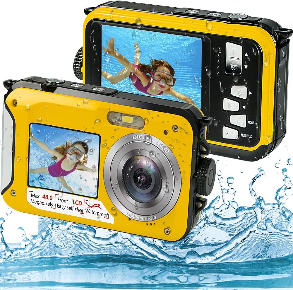 Underwater Camera, Waterproof Camera Full HD 2.7K 48MP Waterproof Camera Digital with Dual Screen, 16X Digital Zoom and Self-Timer Pack of 2