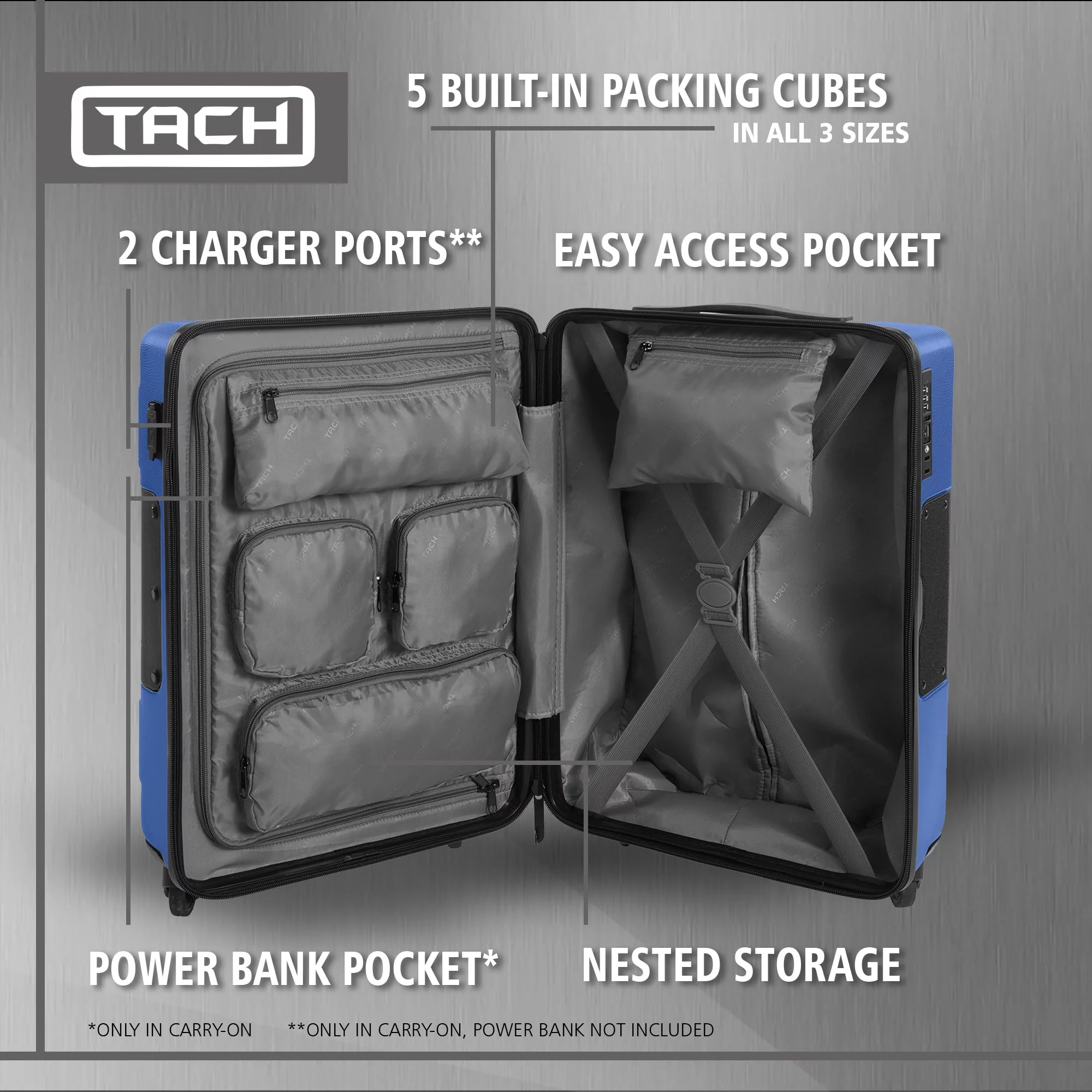 TACH V3 Connectable Hardside CarryOn Spinner Travel Suitcase, Midnight Blue