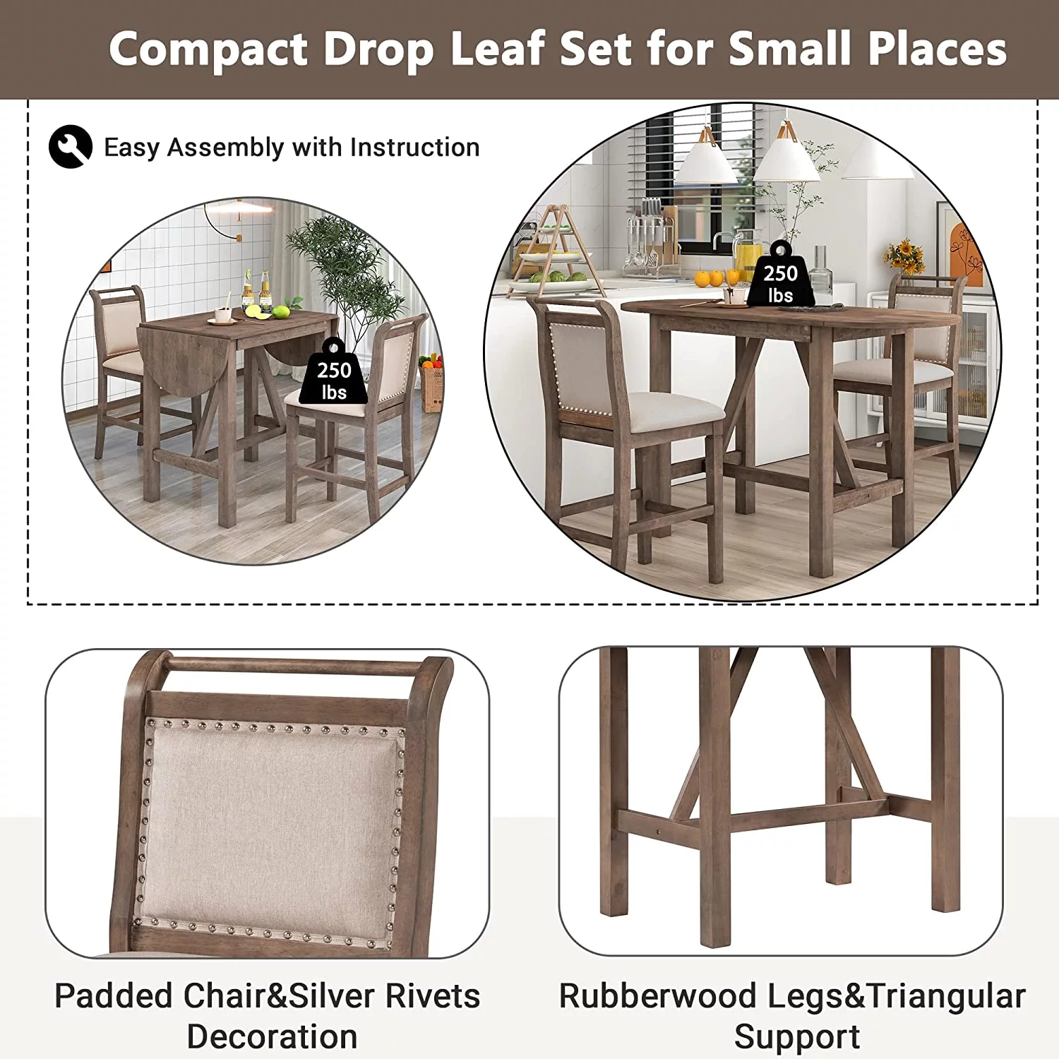 WANHUI 3-Piece Wood Counter Height Dining Table Set, with 2 Upholstered Chairs and Drop Leaf, for Small Space, Dinette, Home Kitchen Breakfast, Bar, Brown