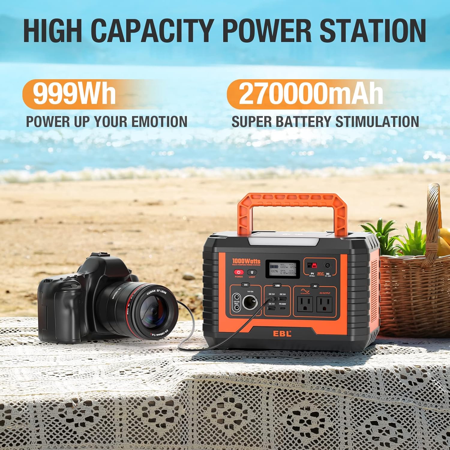 EBL Portable Power Station Voyager 1000, 110V/1000W Solar Generator, 999Wh/270000mAh High Lithium Battery, with 2 x AC Outlets, 3 x QC3.0 USB, and PD60W port for Outdoor Camping, Home Emergency, RV/Van