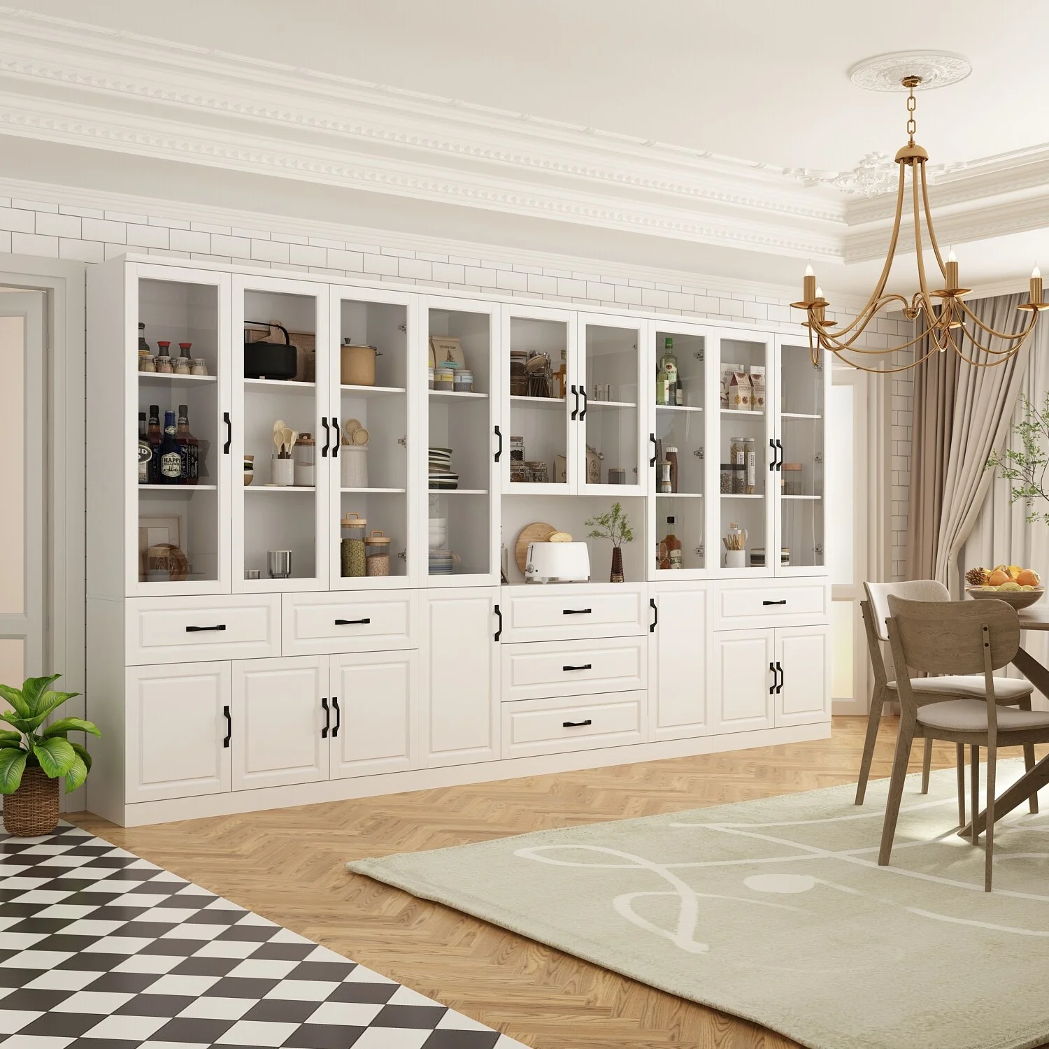 Large White Buffet Elegant China Cabinet with Tempered Glass Doors 94.5"