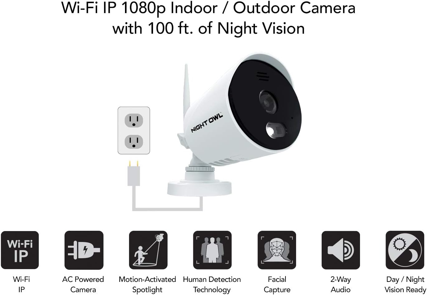Night Owl AC Powered 1080p HD Wi-Fi IP Indoor/Outdoor Camera with 100 ft. of Night Vision, 2-Way Audio, Built-in Spotlight, Wide Viewing Angle and Free Remote Viewing App