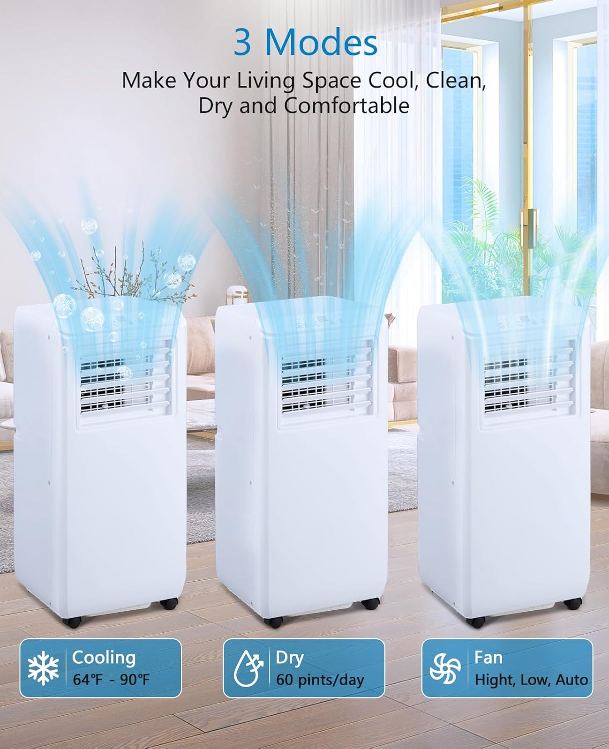10000BTU Portable Air Conditioner, Portable AC Unit for Room up to 450 Sq. Ft. Space, Portable AC with Remote Control, 3-In-1 Cool, Fan, Dehumidify Modes, Portable AC Unit for Indoor Room Office
