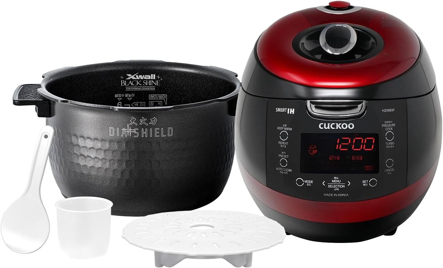 CUCKOO CRP-HZ0683FR | 6-Cup (Uncooked) Induction Heating Pressure Rice Cooker | 13 Menu Options, Auto-Clean, Voice Guide, Made in Korea | Black/Red