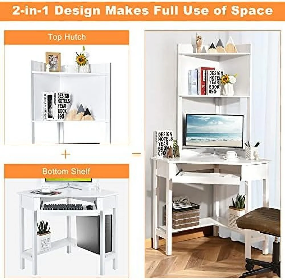 HOOMHIBIU Corner Desk with Hutch  Desk with Shelves with Keyboard Tray; Bookshelves for Small Space  Space Saving Corner Writing Desk with  Shelves for Bedroom(White)