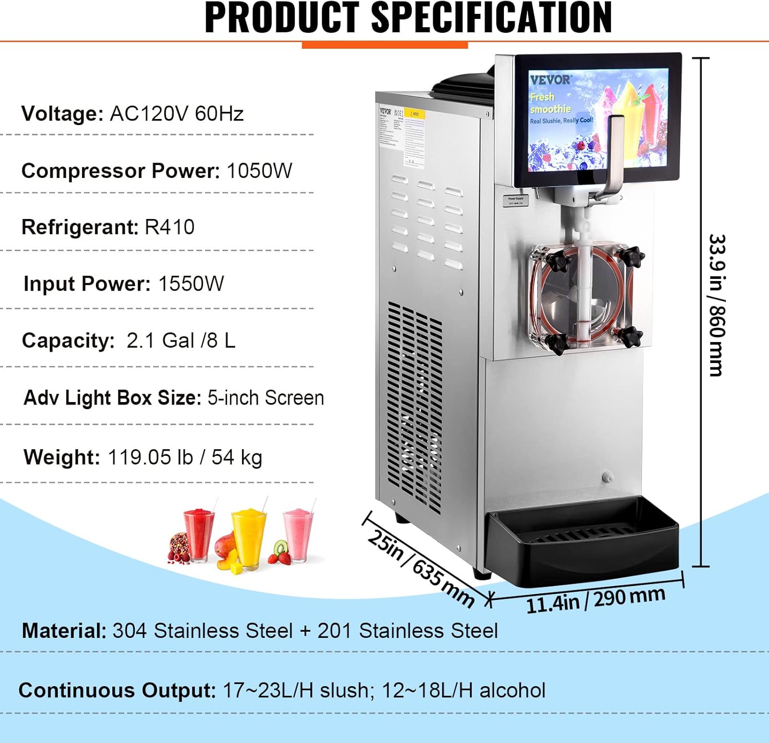 VEVOR Commercial Slushy Machine, 8L/2.1Gal Single Bowl Margarita Machines, 1550W Stainless Steel Alcohol Smoothie Frozen Drink Maker, Slushie Makers for Party Cafes Restaurants Bars Home