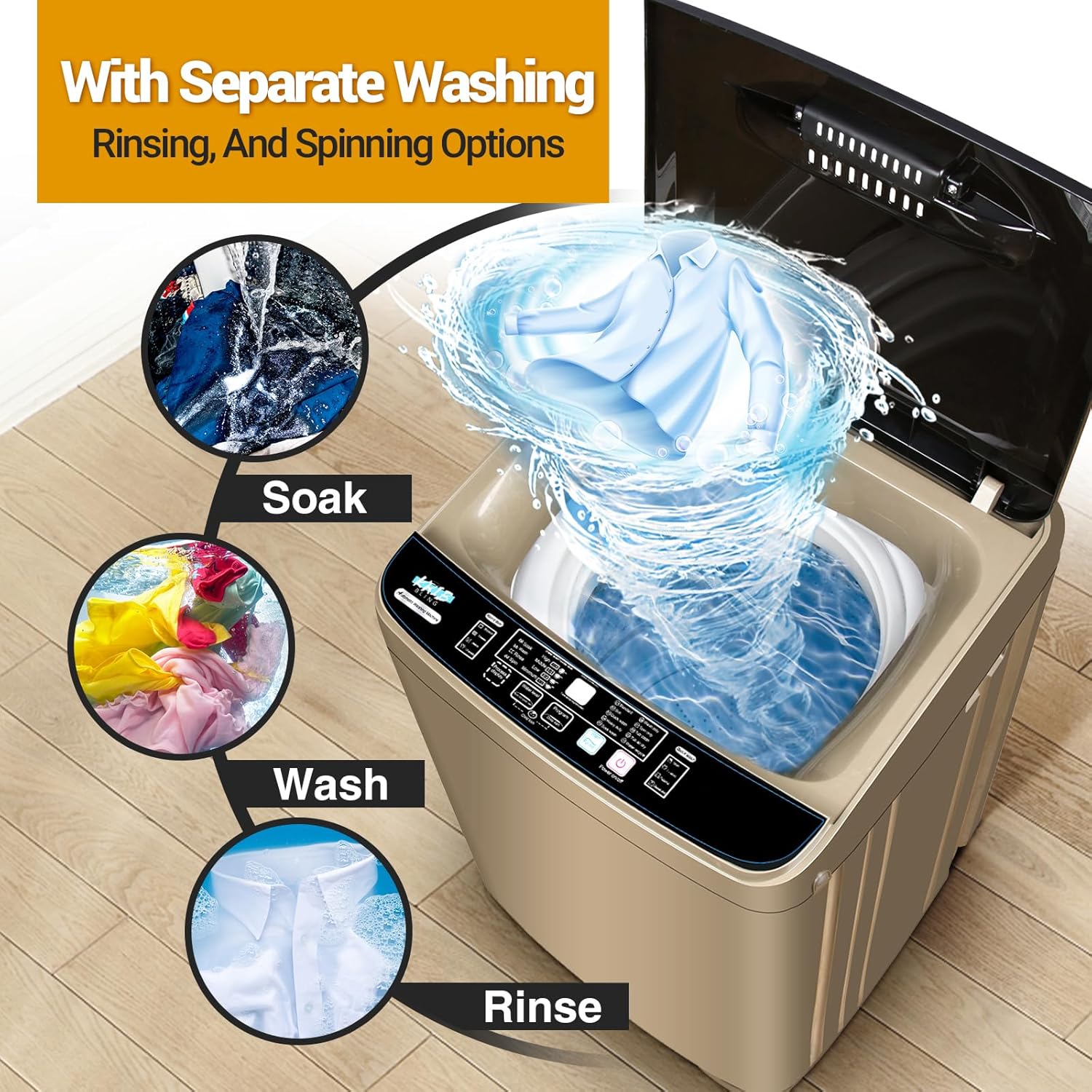Portable Washing Machine, Full-Automatic Washing Machine 20lbs with Drain Pump, Compact Laundry Washer Spin Combo 10 Wash Program & 8 Water Levels, Portable Washer for Apartment Dorm RV(Gold)